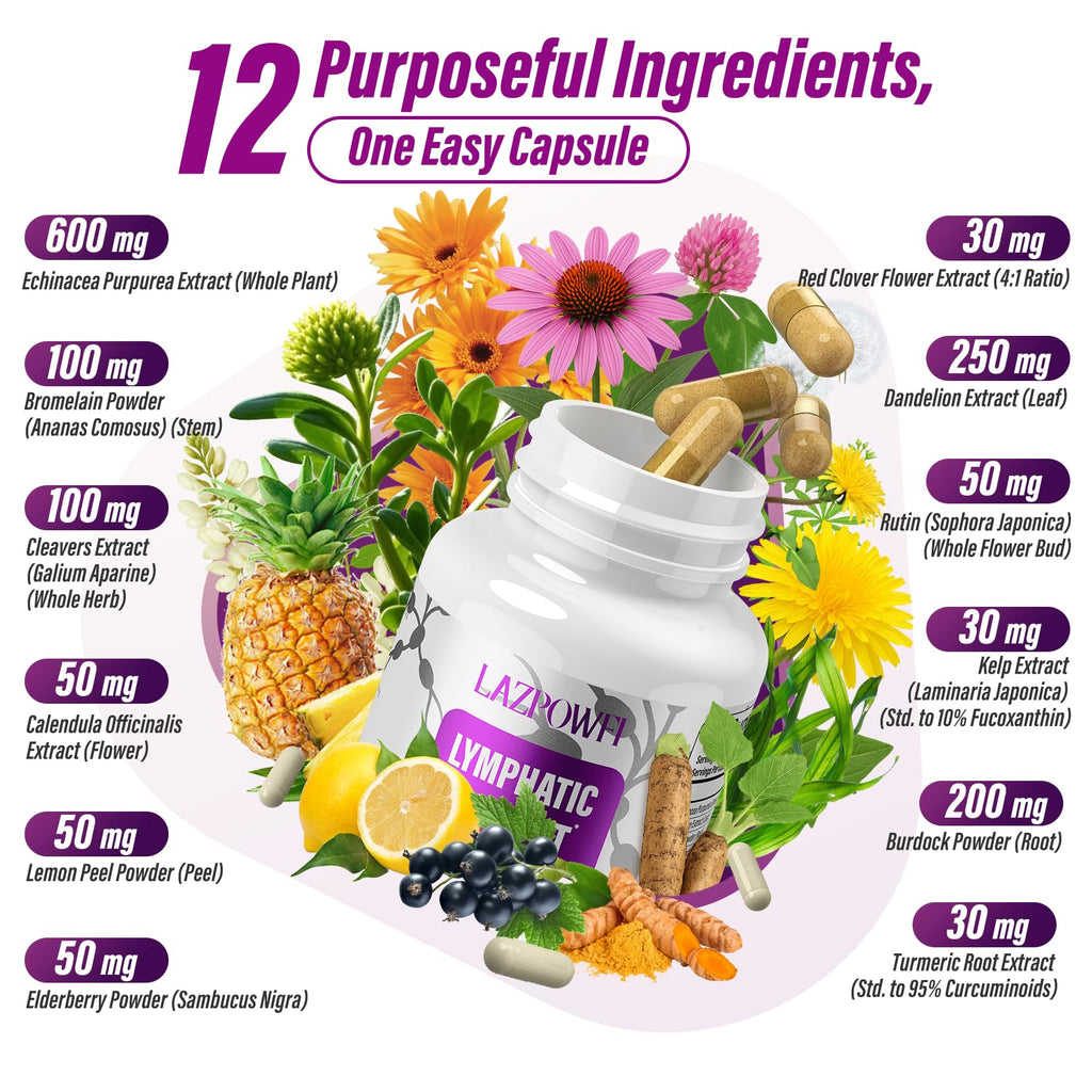 Lazpowfi Lymphatic Drainage Supplements, 1540mg Lymph System Support Supplement for Women & Men with Dandelion, Burdock, Echinacea,Rutin, Turmeric,Cleavers & More, 60 Capsules - Maple Wellness Supplements