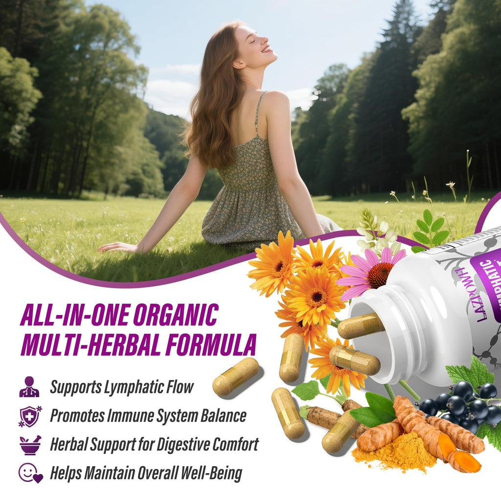 Lazpowfi Lymphatic Drainage Supplements, 1540mg Lymph System Support Supplement for Women & Men with Dandelion, Burdock, Echinacea,Rutin, Turmeric,Cleavers & More, 60 Capsules - Maple Wellness Supplements