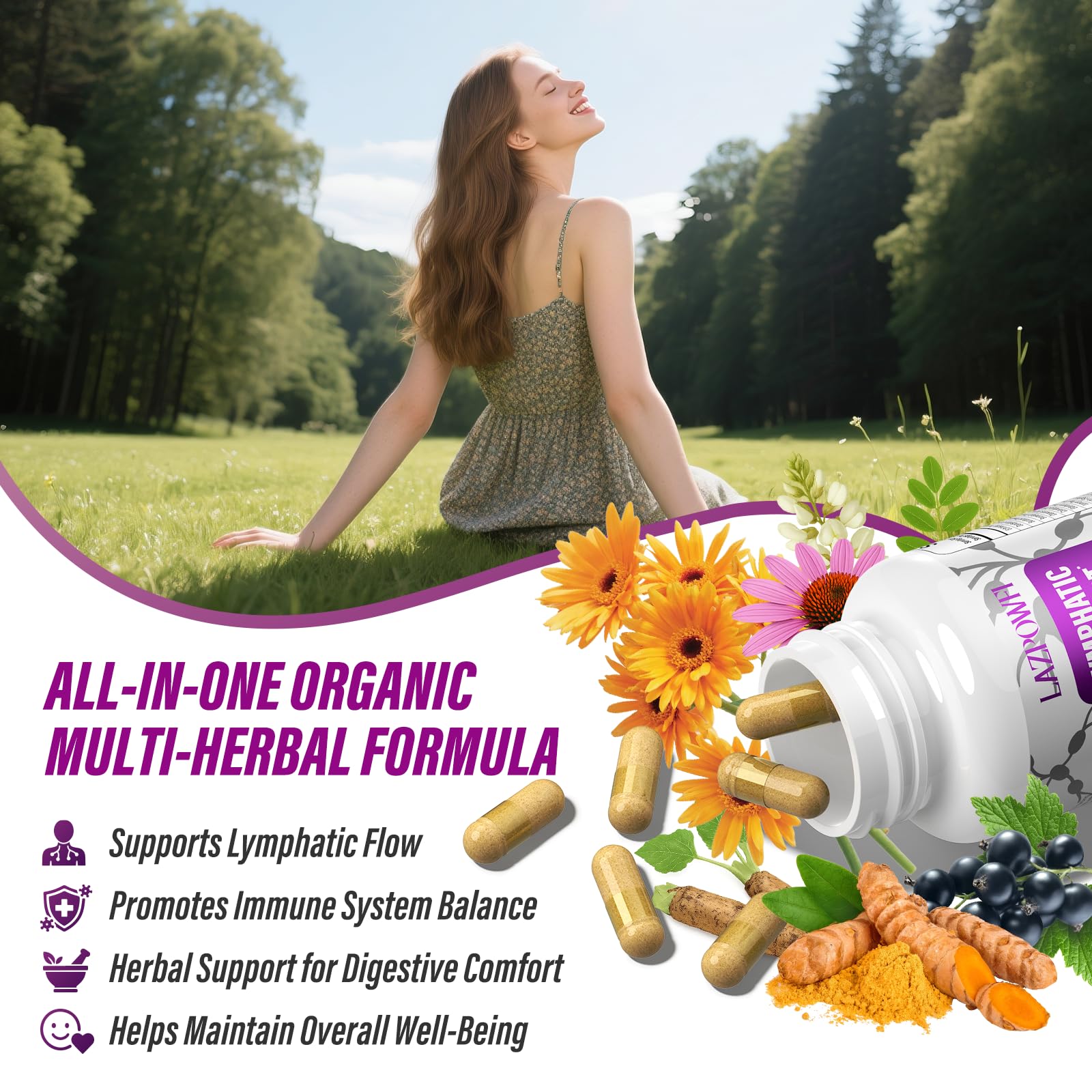 Lazpowfi Lymphatic Drainage Supplements, 1540mg Lymph System Support Supplement for Women & Men with Dandelion, Burdock, Echinacea,Rutin, Turmeric,Cleavers & More, 60 Capsules - Maple Wellness Supplements
