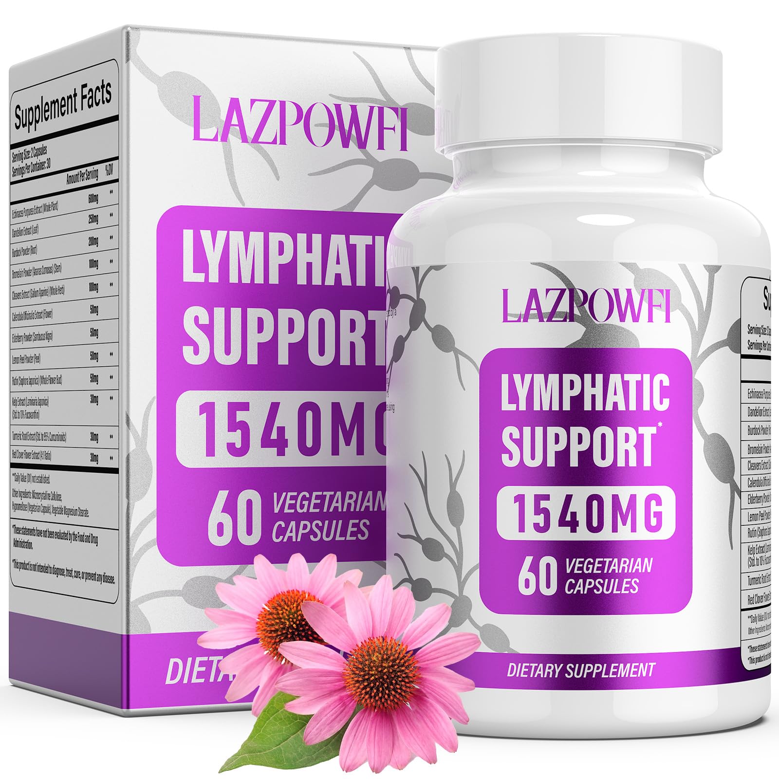Lazpowfi Lymphatic Drainage Supplements, 1540mg Lymph System Support Supplement for Women & Men with Dandelion, Burdock, Echinacea,Rutin, Turmeric,Cleavers & More, 60 Capsules - Maple Wellness Supplements