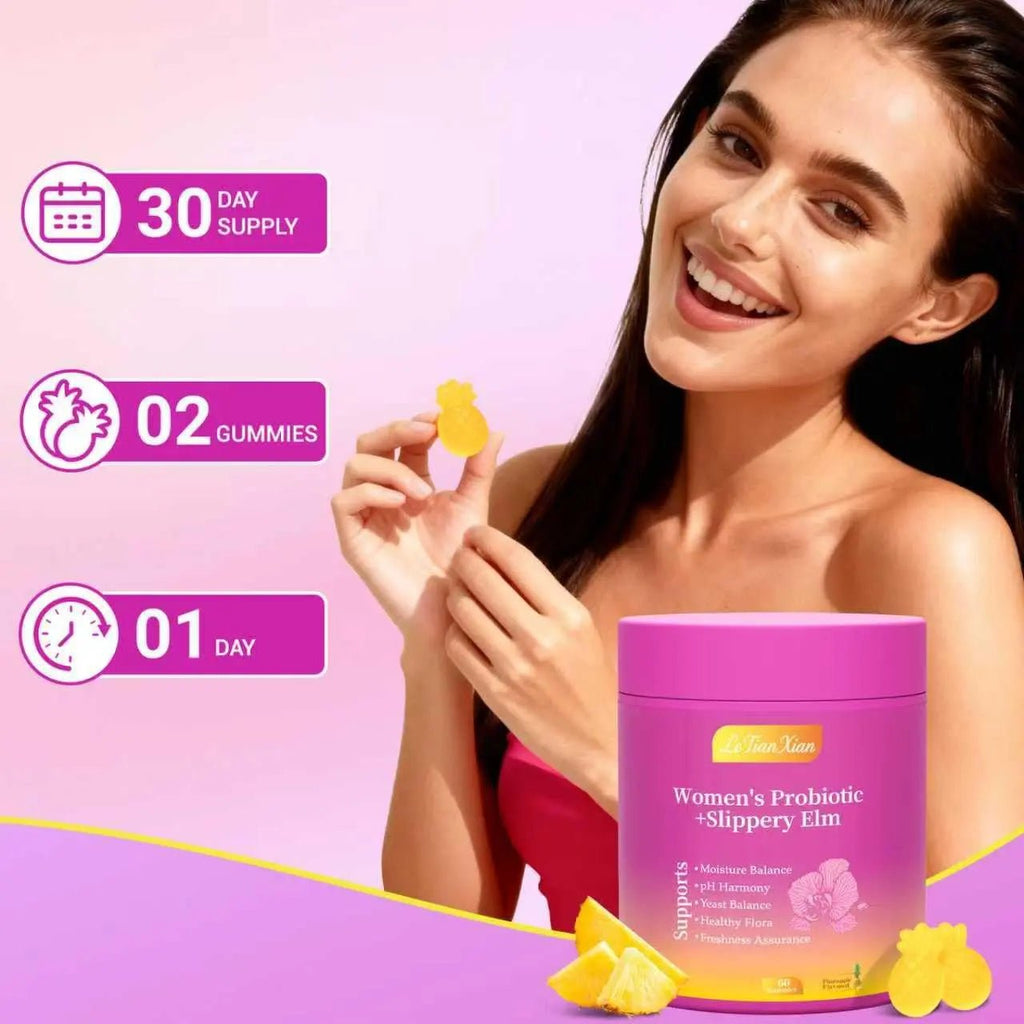 Le Tian Xian Her Juicy Feminine Probiotics Gummies for Women with Slippery Elm, Prebiotics & Lactobacillus - for pH Balance & Digestive Health, Tropical Pineapple Flavor, 60 Count - TrustMedUSA