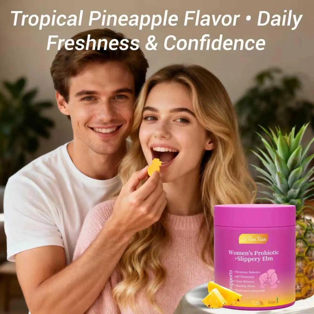 Le Tian Xian Her Juicy Feminine Probiotics Gummies for Women with Slippery Elm, Prebiotics & Lactobacillus - for pH Balance & Digestive Health, Tropical Pineapple Flavor, 60 Count - TrustMedUSA