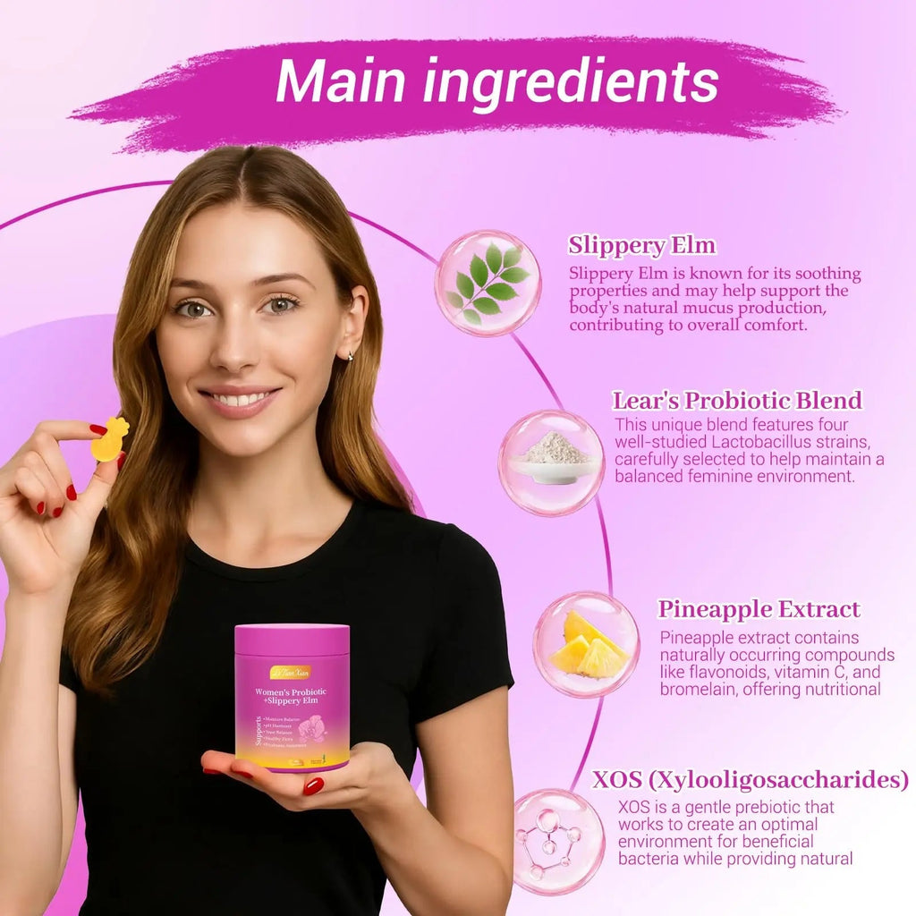 Le Tian Xian Her Juicy Feminine Probiotics Gummies for Women with Slippery Elm, Prebiotics & Lactobacillus - for pH Balance & Digestive Health, Tropical Pineapple Flavor, 60 Count - TrustMedUSA