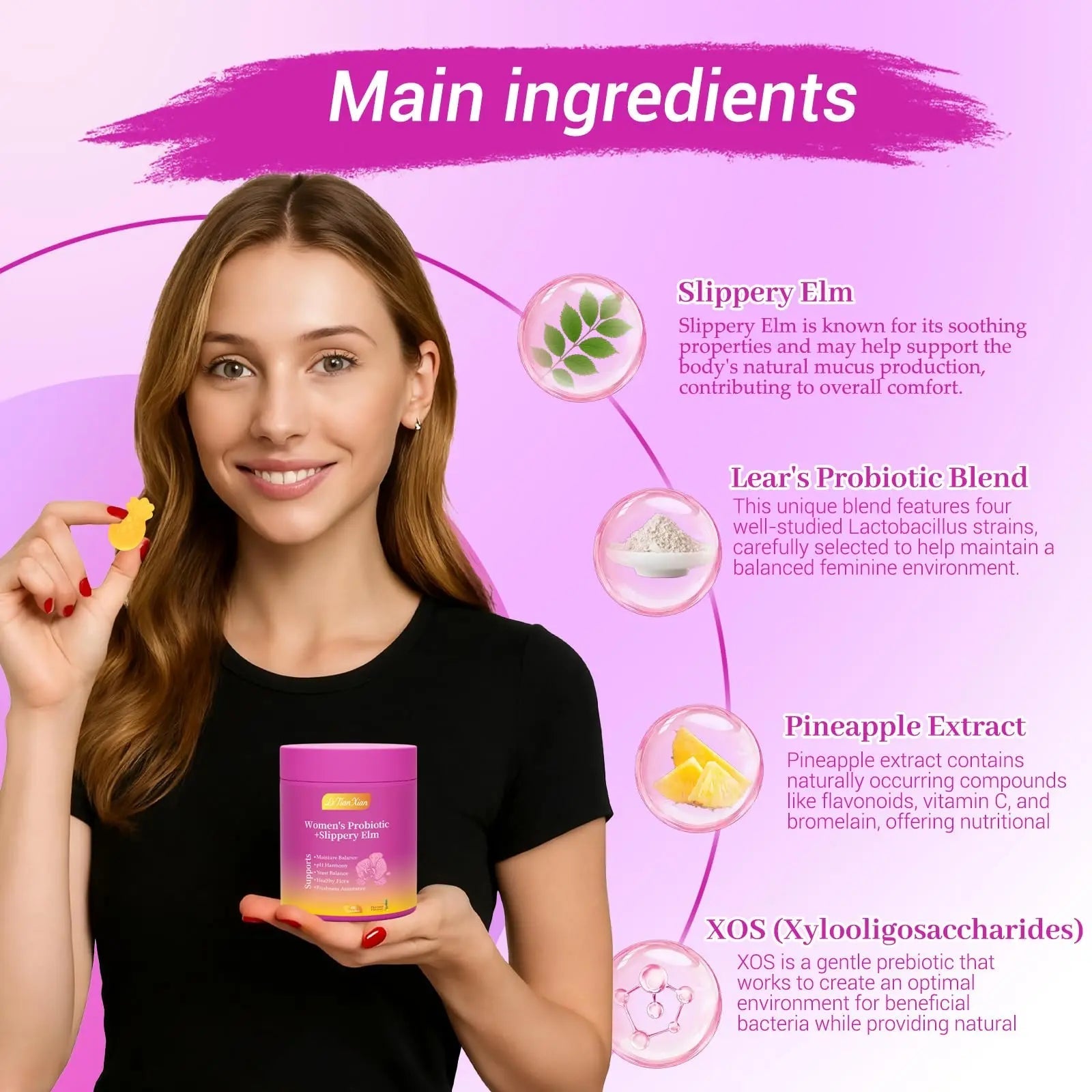 Le Tian Xian Her Juicy Feminine Probiotics Gummies for Women with Slippery Elm, Prebiotics & Lactobacillus - for pH Balance & Digestive Health, Tropical Pineapple Flavor, 60 Count - TrustMedUSA
