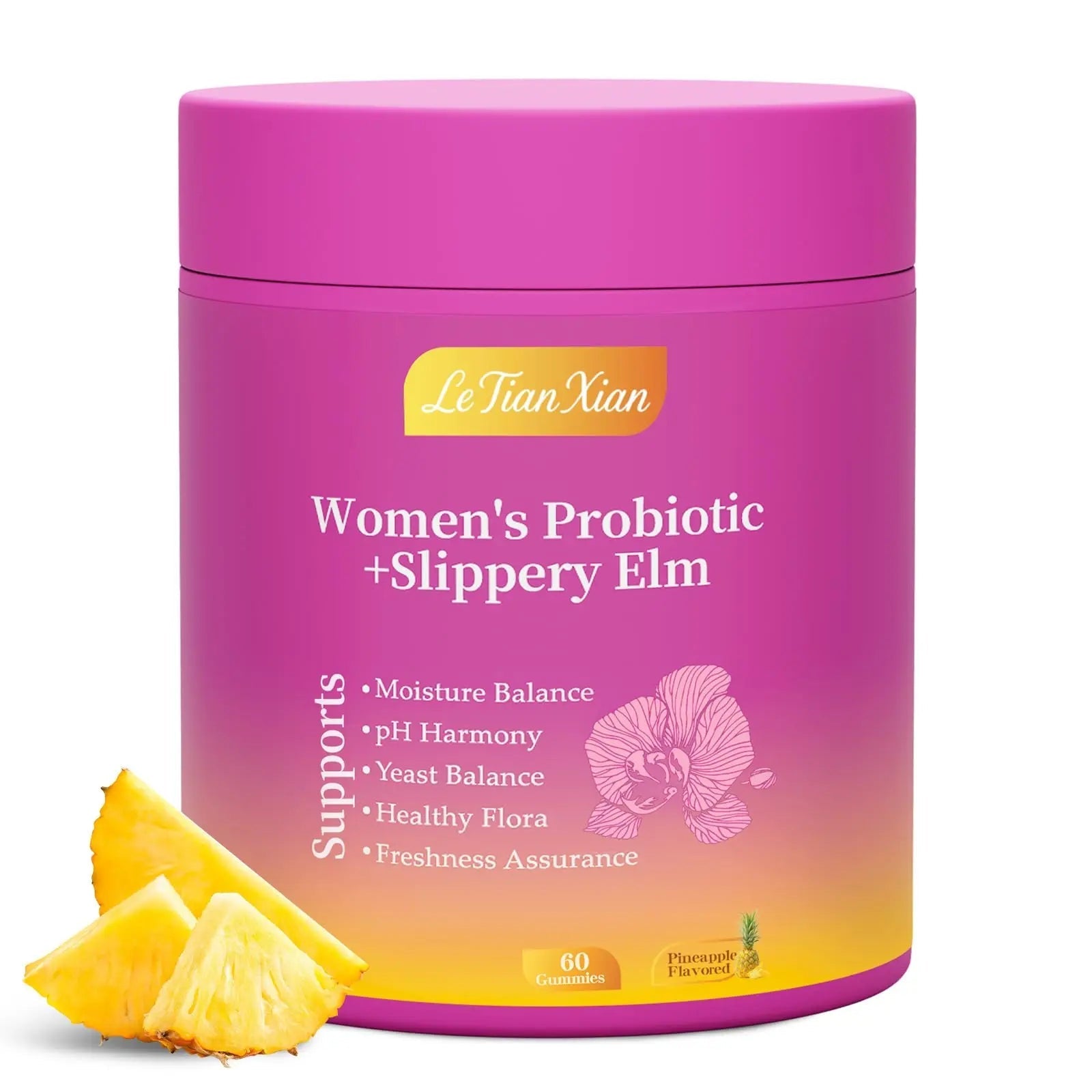 Le Tian Xian Her Juicy Feminine Probiotics Gummies for Women with Slippery Elm, Prebiotics & Lactobacillus - for pH Balance & Digestive Health, Tropical Pineapple Flavor, 60 Count - TrustMedUSA