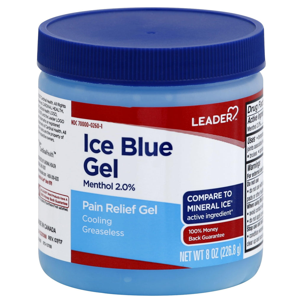 LEADER Ice Blue Gel Pain Relieving Greaseless Fast-Acting Topical Analgesic Cooling Therapy Muscle Joint Long-Lasting Relief Backache Arthritis Sports Injuries soothes Aches 8oz. Each (Pack of 5) - TrustMedUSA