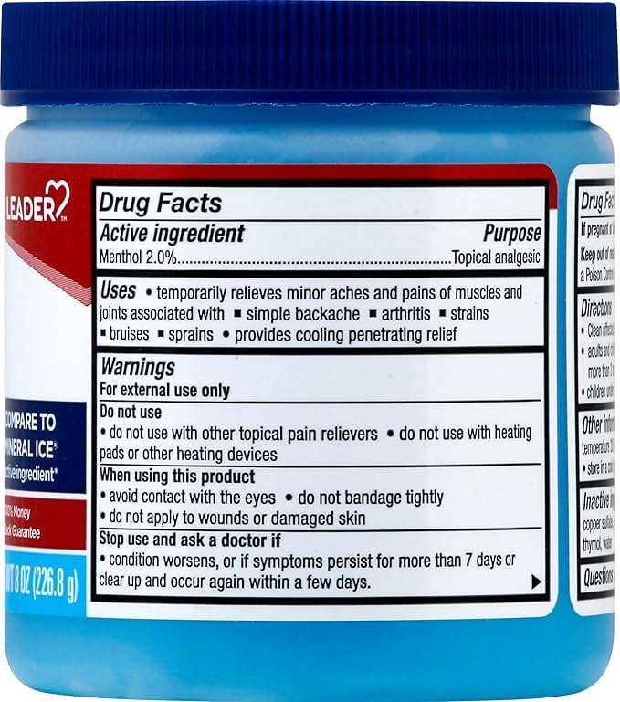 Leader Mineral Ice Blue Gel, Menthol 2%, Pain Relief Gel, Topical Analgesic, for Muscle Pain, Backache, Arthritis & Sport Injuries, for Adults and Kids 2+, Compare to Mineral Ice, 8 oz - TrustMedUSA