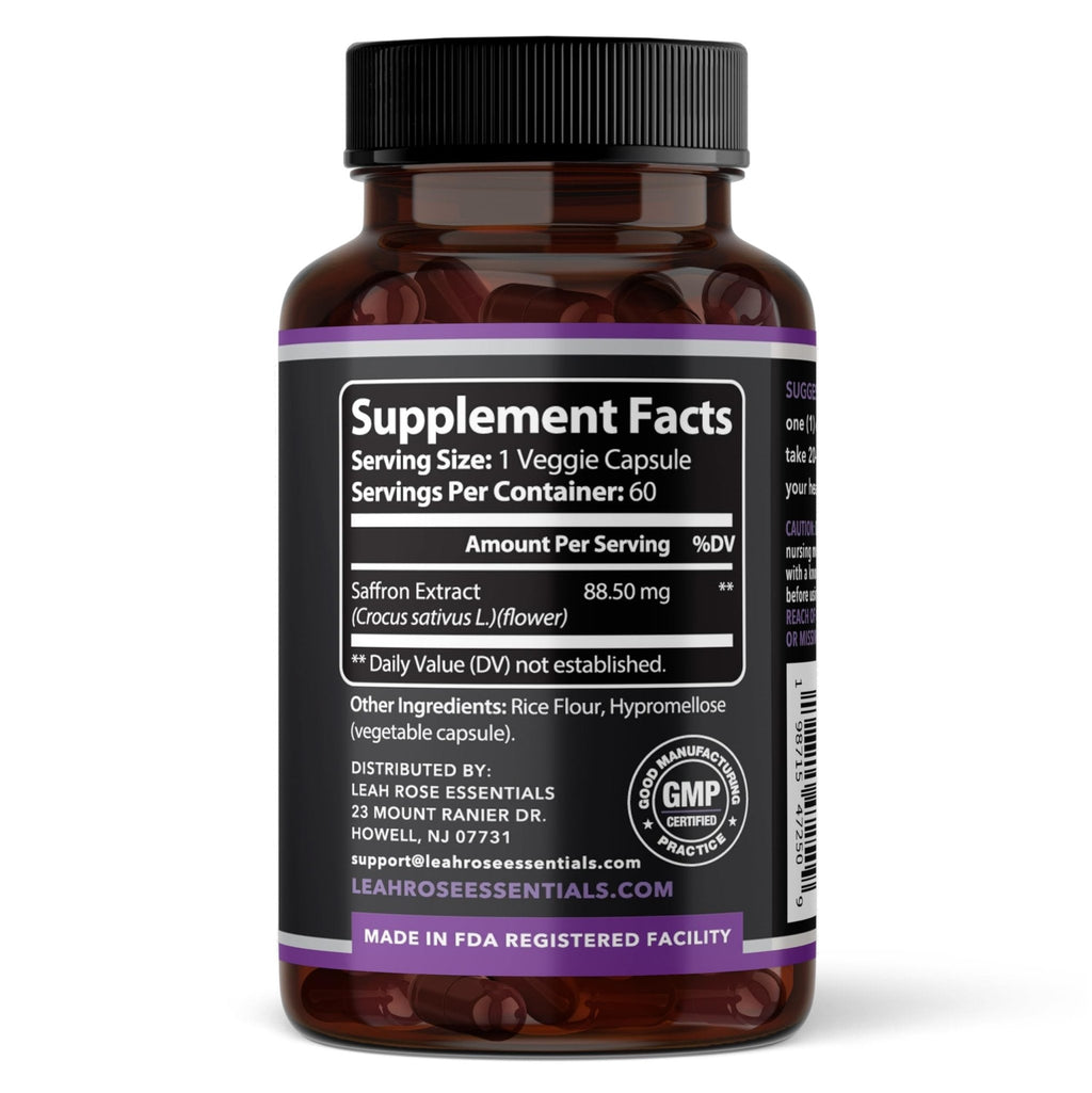 Leah Rose Essentials Saffron Supplement 88.5mg | Mood, Focus, and Stress Support | 60 Premium Saffron Extract Capsules | Made in the USA | 3rd Party Lab Tested | Non-GMO, Vegan, Gluten-Free - Maple Wellness Supplements