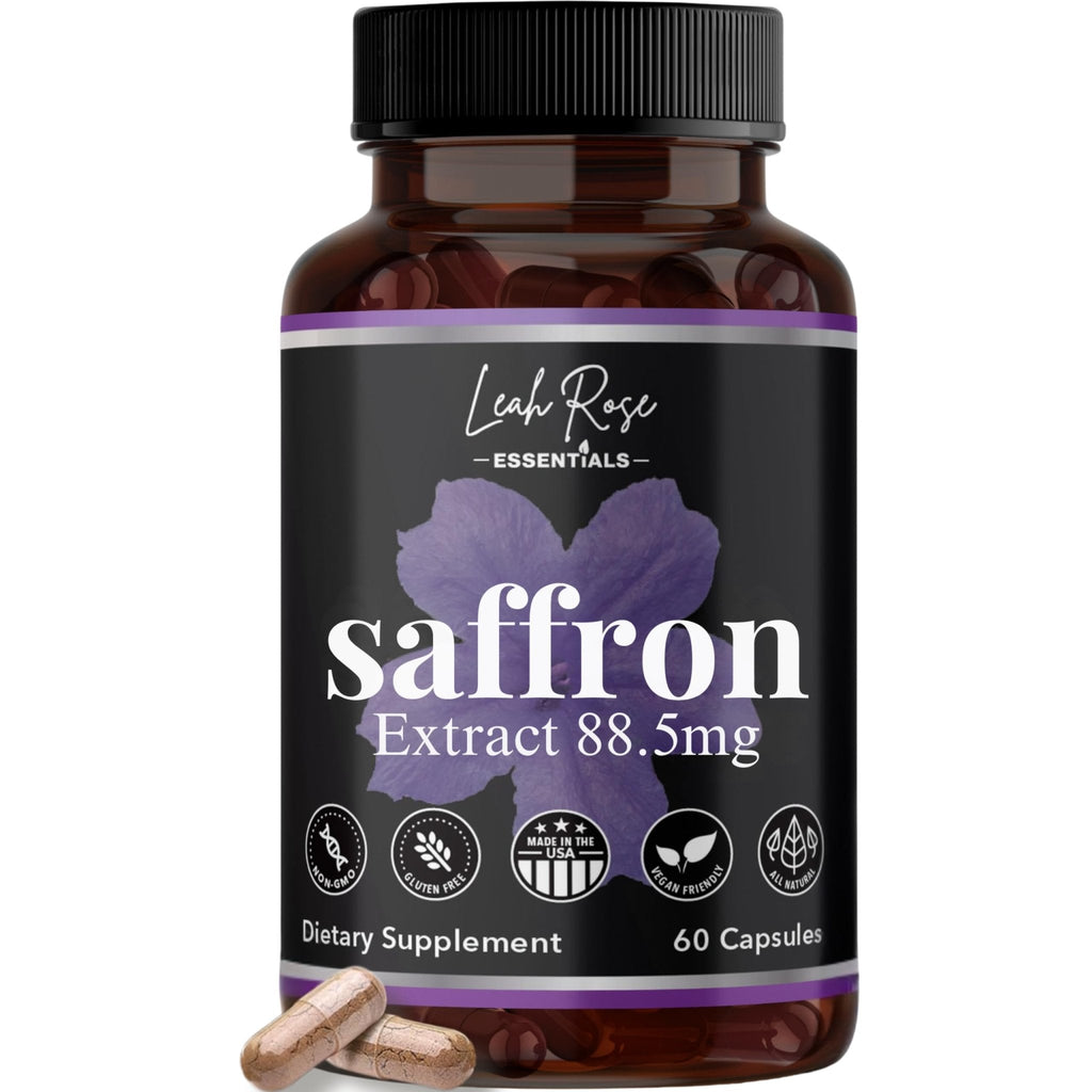 Leah Rose Essentials Saffron Supplement 88.5mg | Mood, Focus, and Stress Support | 60 Premium Saffron Extract Capsules | Made in the USA | 3rd Party Lab Tested | Non-GMO, Vegan, Gluten-Free - Maple Wellness Supplements