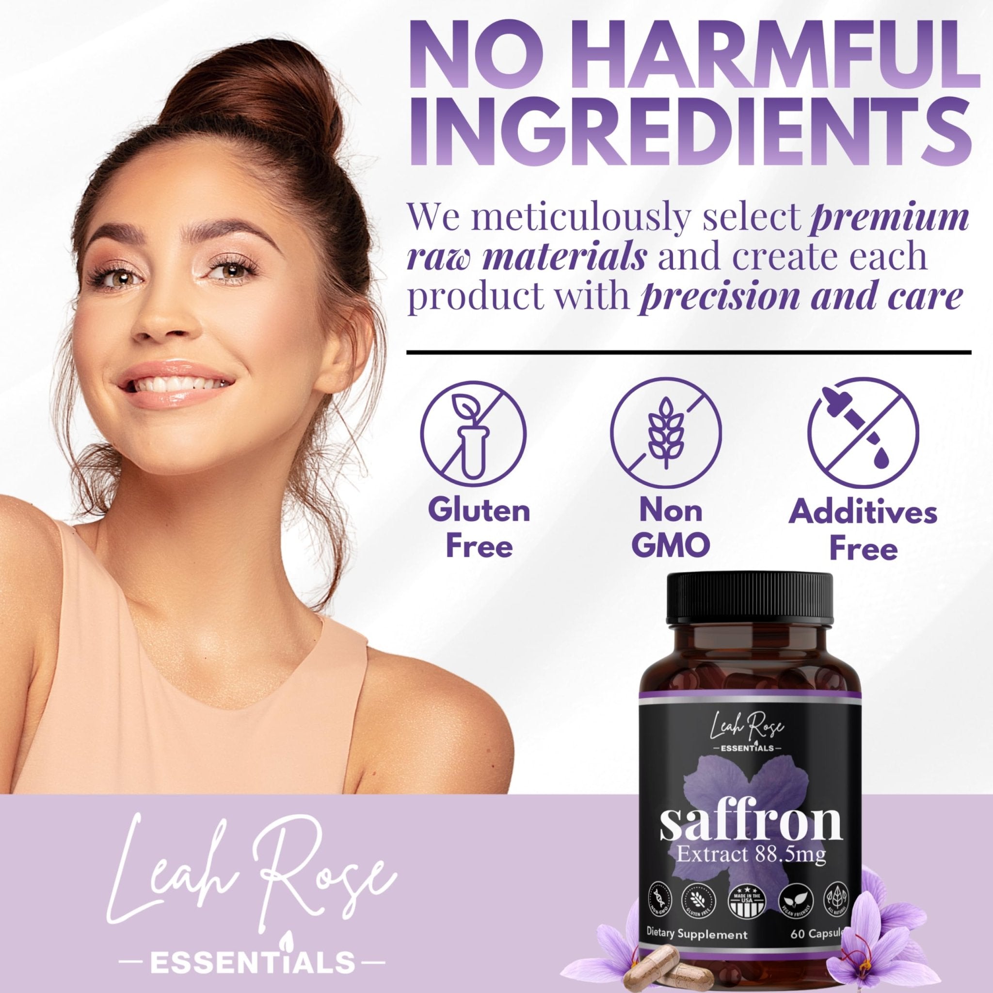 Leah Rose Essentials Saffron Supplement 88.5mg | Mood, Focus, and Stress Support | 60 Premium Saffron Extract Capsules | Made in the USA | 3rd Party Lab Tested | Non-GMO, Vegan, Gluten-Free - Maple Wellness Supplements