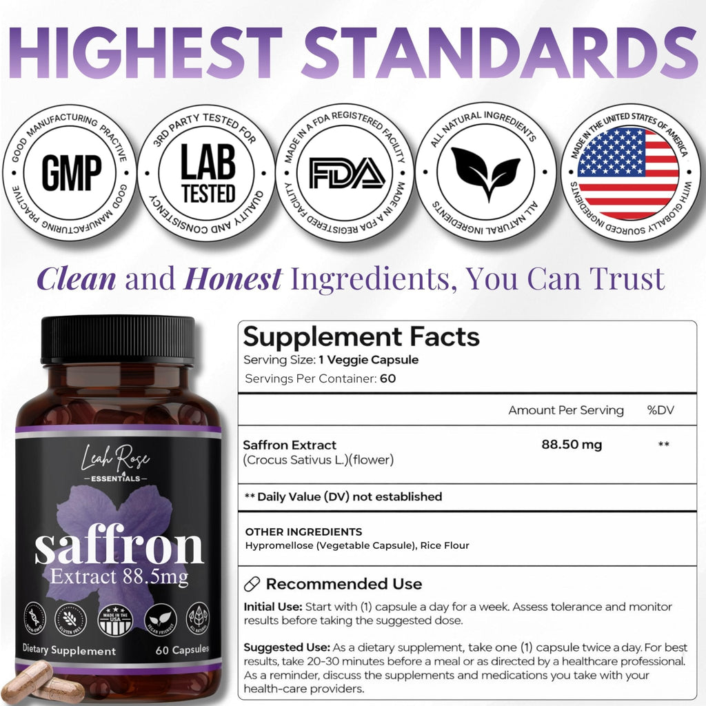 Leah Rose Essentials Saffron Supplement 88.5mg | Mood, Focus, and Stress Support | 60 Premium Saffron Extract Capsules | Made in the USA | 3rd Party Lab Tested | Non-GMO, Vegan, Gluten-Free - Maple Wellness Supplements