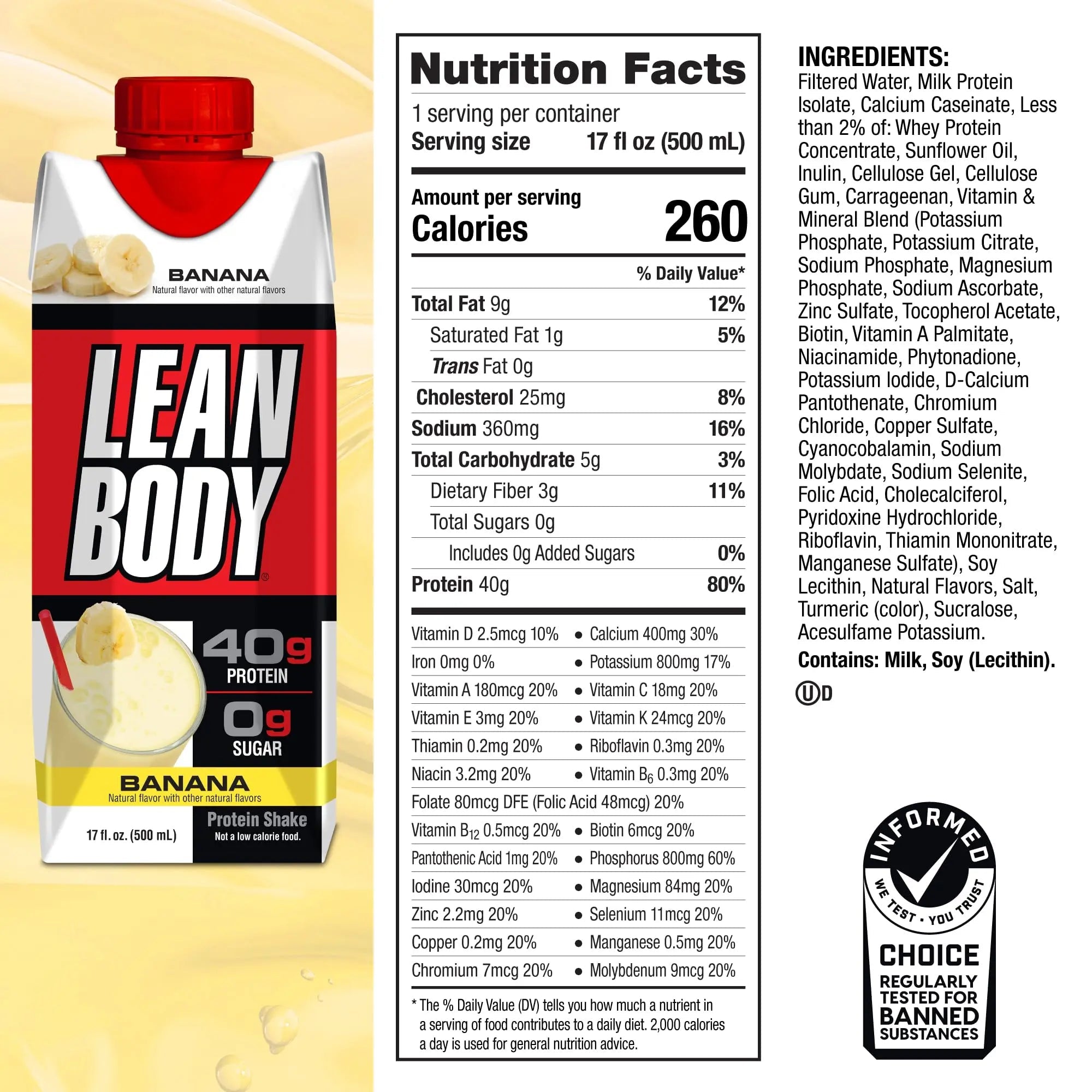 Lean Body Ready-to-Drink Banana Protein Shake, 40g Protein, Whey Blend, 0 Sugar - TrustMedUSA