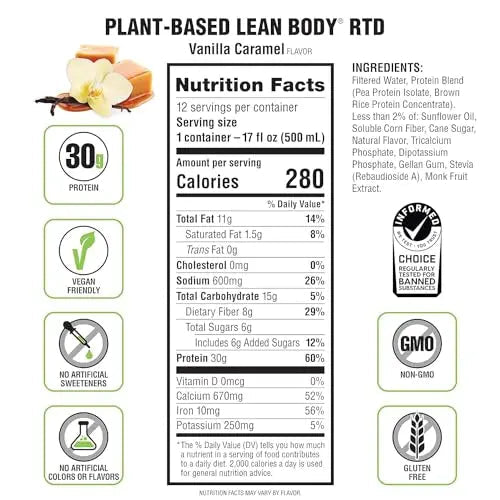 Lean Body Ready-to-Drink, Plant-Based Vegan Vanilla Caramel Protein Shake, 30g Protein - TrustMedUSA