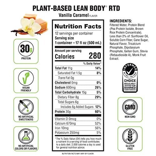 Lean Body Ready-to-Drink, Plant-Based Vegan Vanilla Caramel Protein Shake, 30g Protein - TrustMedUSA