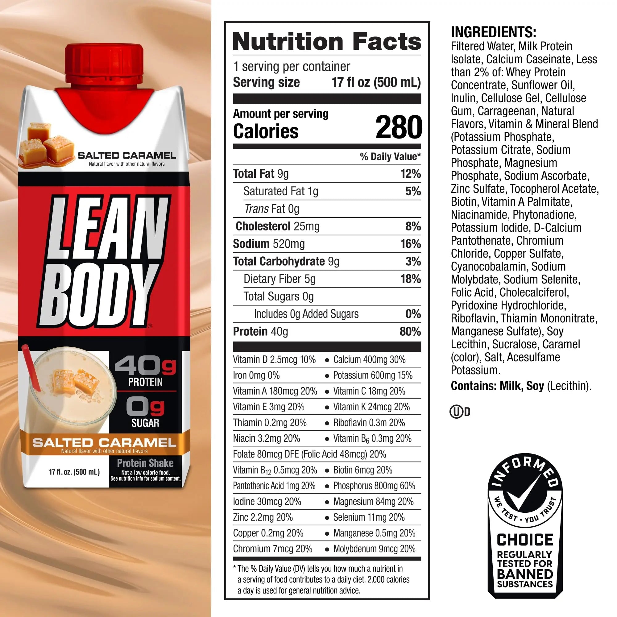Lean Body Ready-to-Drink Salted Caramel Protein Shake, 40g Protein, Whey Blend - TrustMedUSA