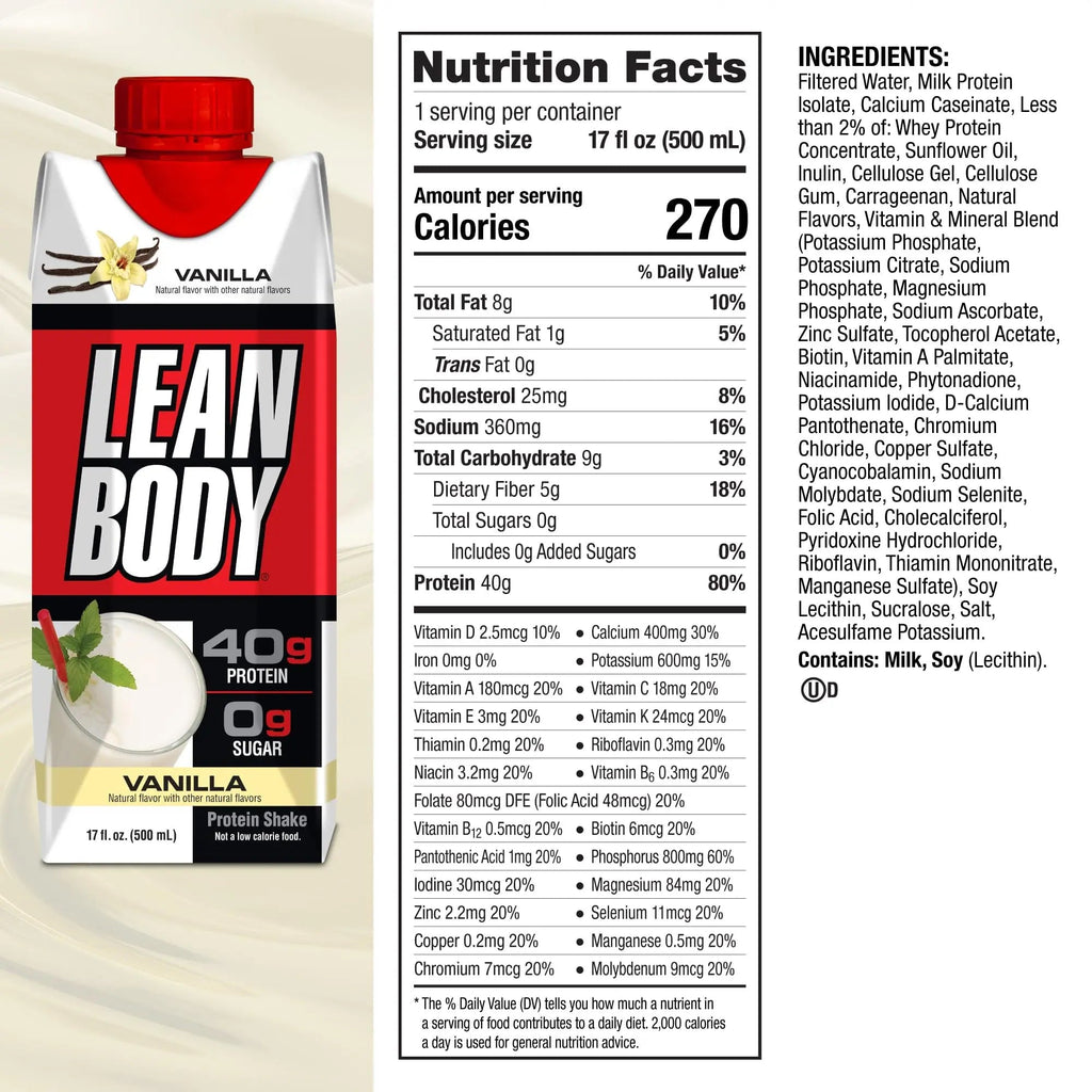 Lean Body Ready-to-Drink Vanilla Protein Shake, 40g Protein, Whey Blend, 0 Sugar, Gluten - TrustMedUSA