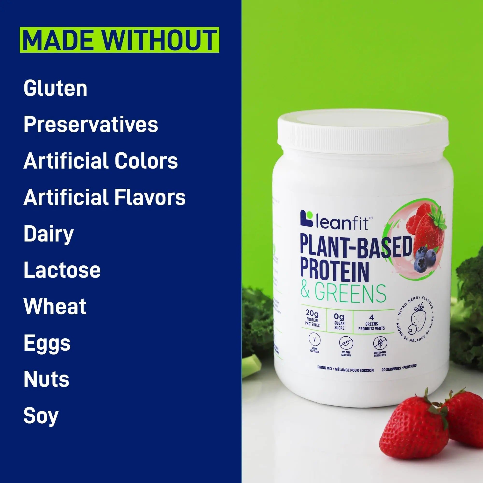 LeanFit Plant-Based Protein & Greens, Natural Berry, 20g Protein, 19 Servings, 1.25 Pound - TrustMedUSA