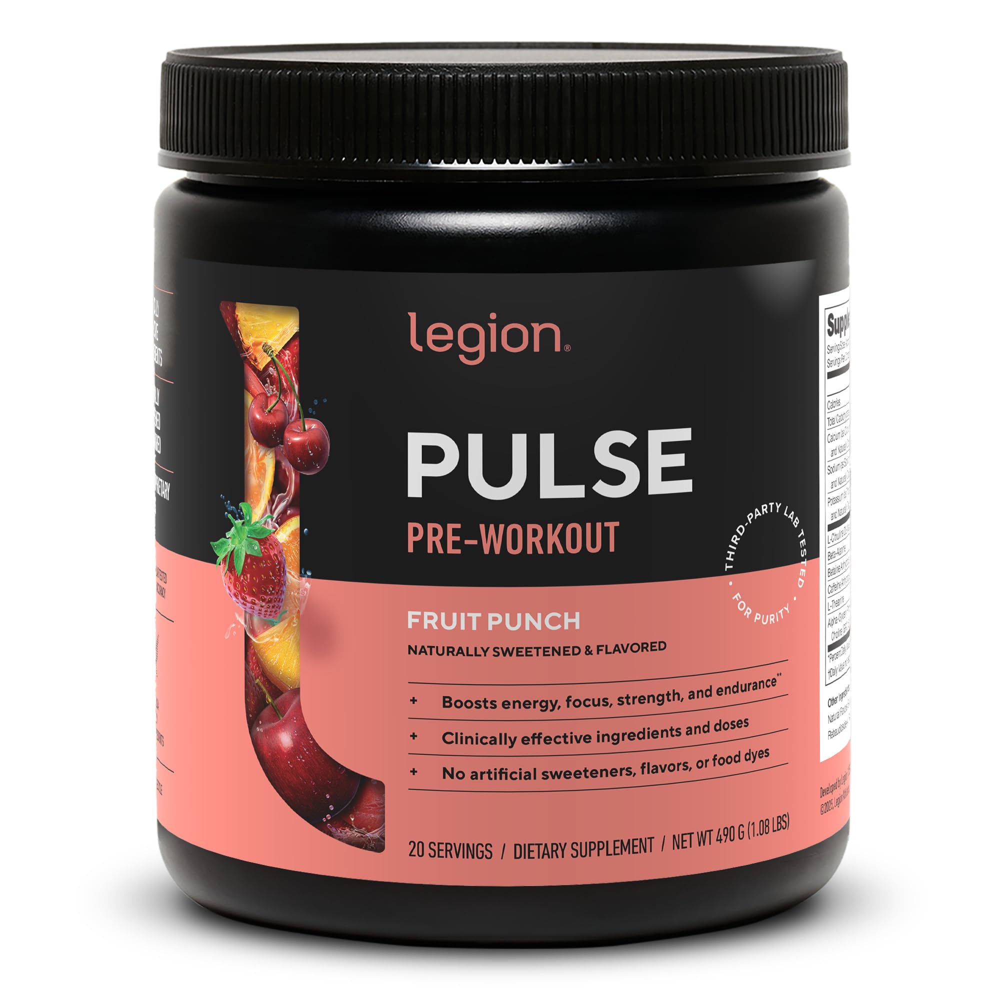 LEGION Pulse Pre Workout Supplement - All Natural Nitric Oxide Preworkout Drink to Boost Energy, Creatine Free, Naturally Sweetened, Beta Alanine, Citrulline, Alpha GPC (Fruit Punch) - Maple Wellness Supplements