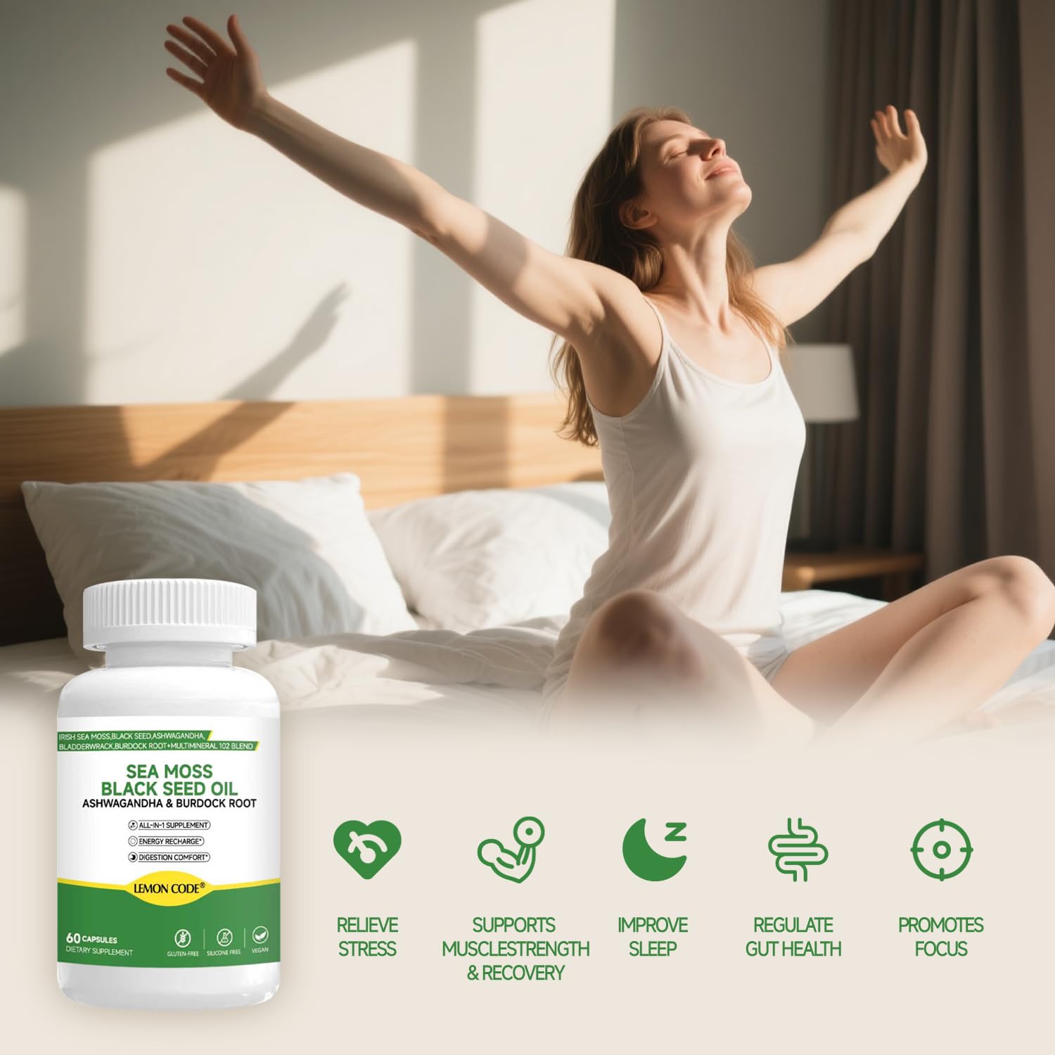 LEMON CODE Sea Moss & Black Seed Oil Capsules with Burdock & Bladderwrack & Ashwagandha, Vitamin C&D,Natural Herbal Complex for Daily Balance, Energy & Digestive Support, Vegan, Non-GMO, 60 Capsules - TrustMedUSA