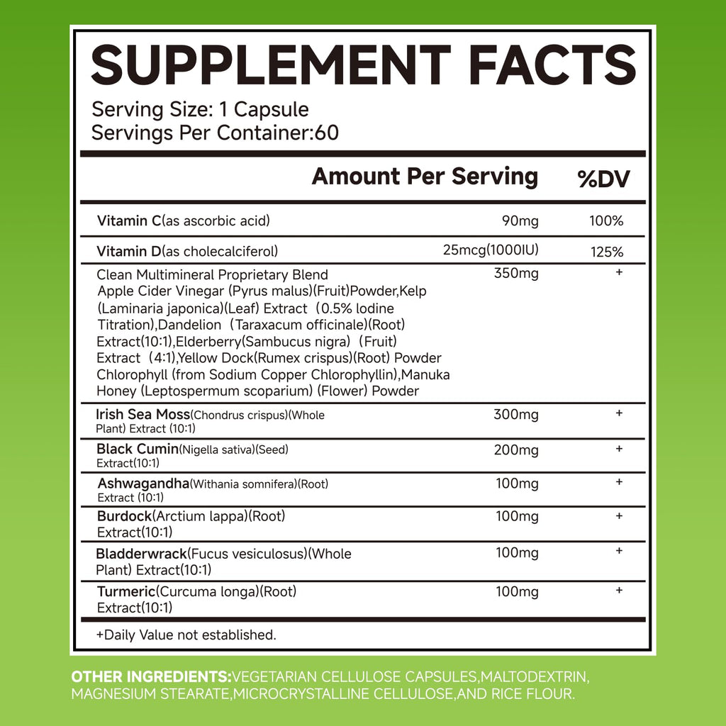 LEMON CODE Sea Moss & Black Seed Oil Capsules with Burdock & Bladderwrack & Ashwagandha, Vitamin C&D,Natural Herbal Complex for Daily Balance, Energy & Digestive Support, Vegan, Non-GMO, 60 Capsules - TrustMedUSA