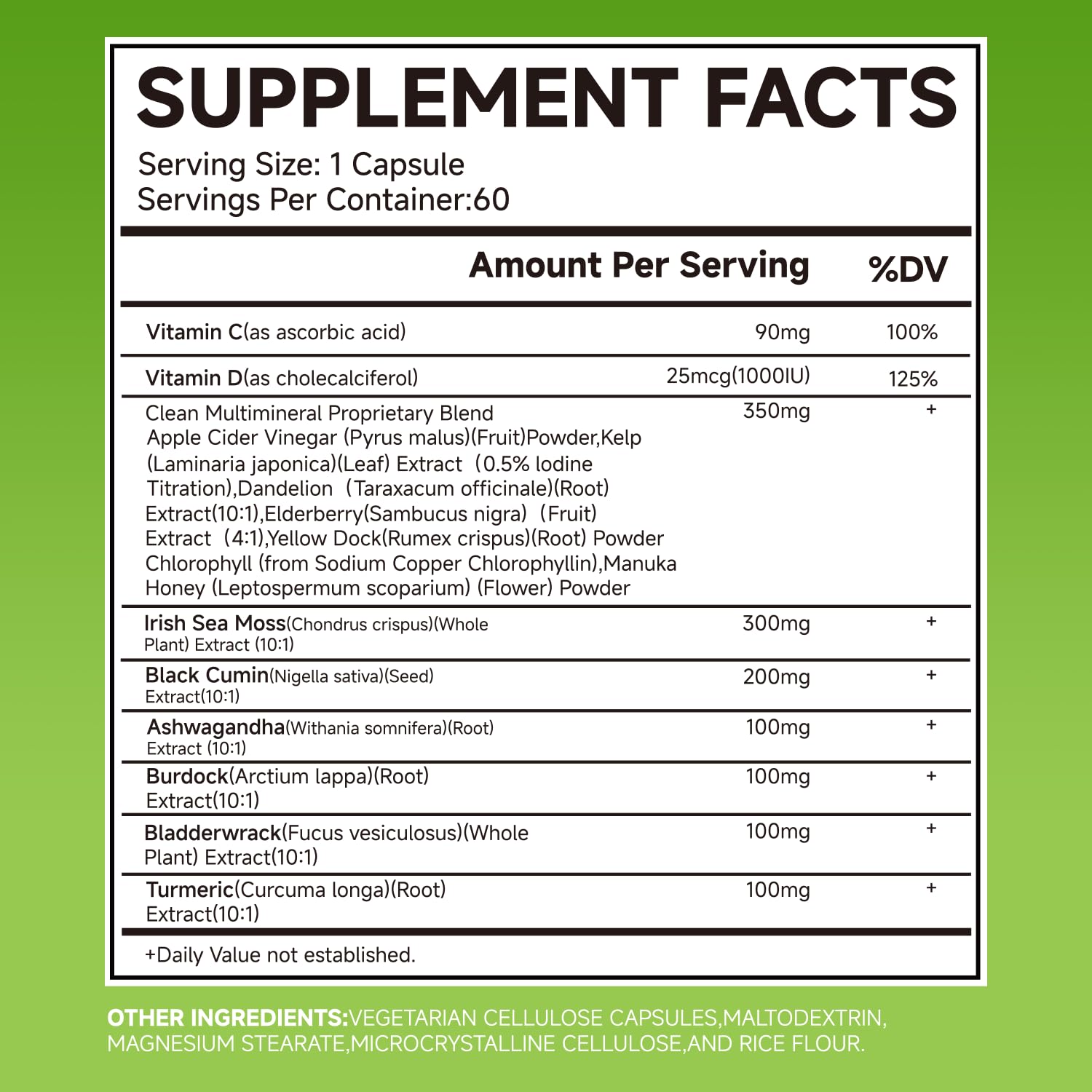 LEMON CODE Sea Moss & Black Seed Oil Capsules with Burdock & Bladderwrack & Ashwagandha, Vitamin C&D,Natural Herbal Complex for Daily Balance, Energy & Digestive Support, Vegan, Non-GMO, 60 Capsules - TrustMedUSA