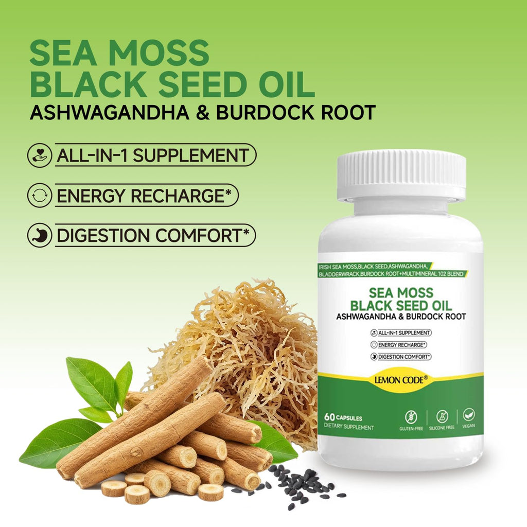 LEMON CODE Sea Moss & Black Seed Oil Capsules with Burdock & Bladderwrack & Ashwagandha, Vitamin C&D,Natural Herbal Complex for Daily Balance, Energy & Digestive Support, Vegan, Non-GMO, 60 Capsules - TrustMedUSA