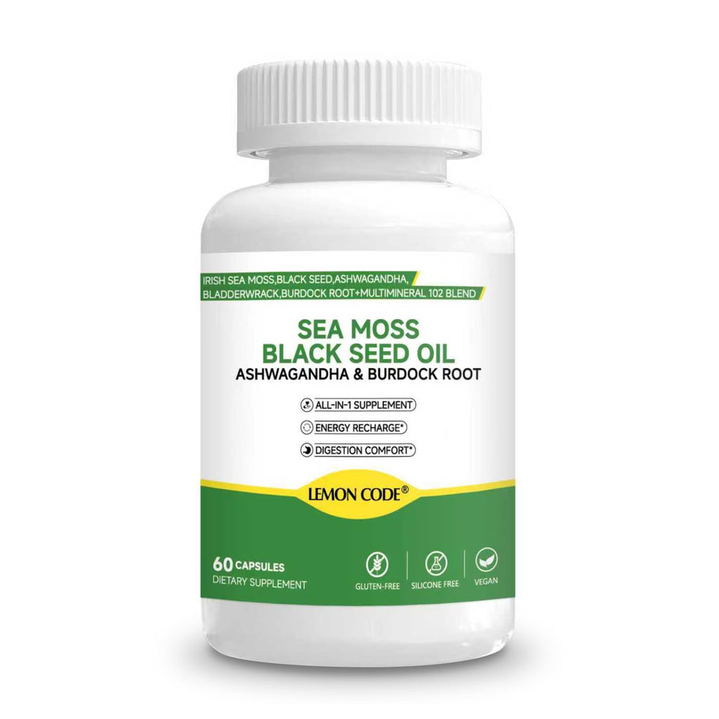 LEMON CODE Sea Moss & Black Seed Oil Capsules with Burdock & Bladderwrack & Ashwagandha, Vitamin C&D,Natural Herbal Complex for Daily Balance, Energy & Digestive Support, Vegan, Non-GMO, 60 Capsules - TrustMedUSA