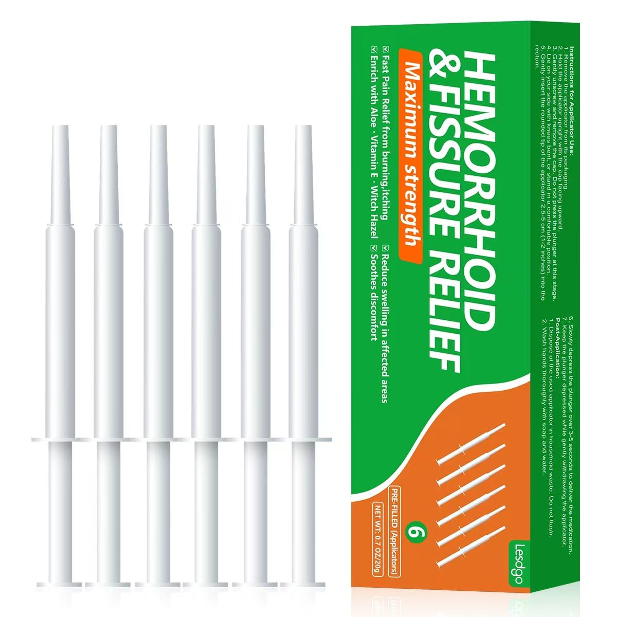 Lesdgo Hemorrhoidal Ointment(6 Pre-Filled),Hemorrhoid and Fissure Cream Witch Hazel Maximum Strength Pain Relief,for Itching and Swelling - TrustMedUSA