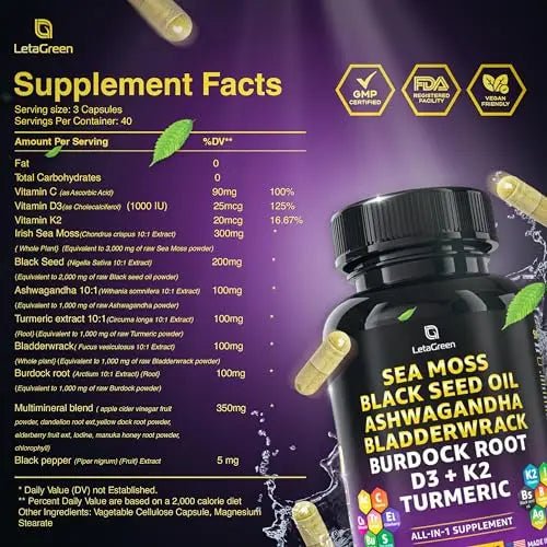 LetaGreen Irish Sea Moss Capsules – 120 Wildcrafted Sea Moss Pills with Black Seed Oil - TrustMedUSA