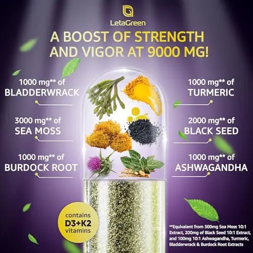 LetaGreen Irish Sea Moss Capsules – 120 Wildcrafted Sea Moss Pills with Black Seed Oil - TrustMedUSA