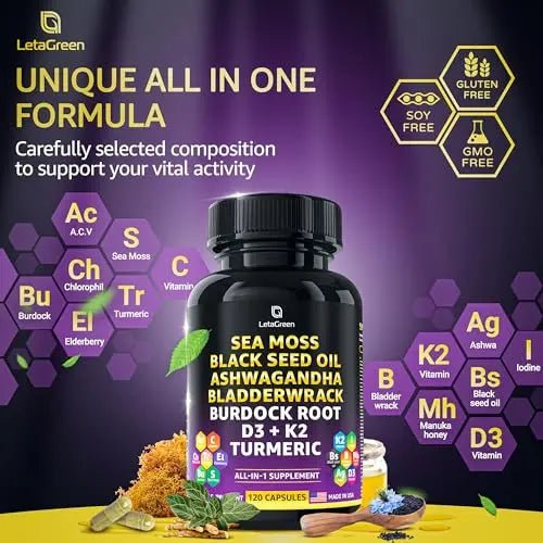 LetaGreen Irish Sea Moss Capsules – 120 Wildcrafted Sea Moss Pills with Black Seed Oil - TrustMedUSA