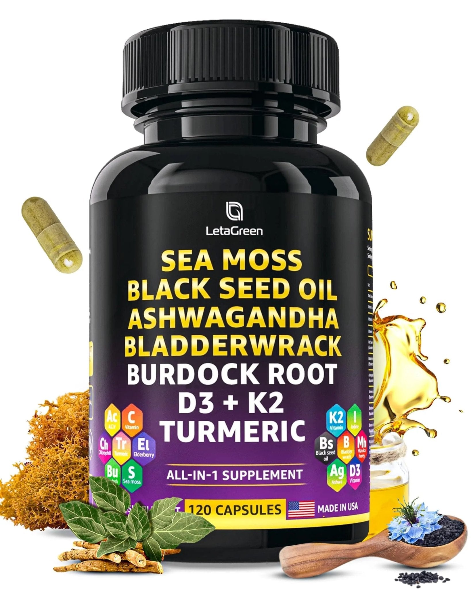 LetaGreen Ocean Wild Sea Moss Capsules - 120 Black Seed Oil Sea Moss Pills - TrustMedUSA