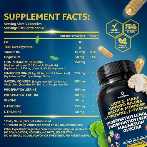 LetaGreen Organic Lions Mane Supplement Capsules - 120 Real Mushrooms Lion's Mane - TrustMedUSA