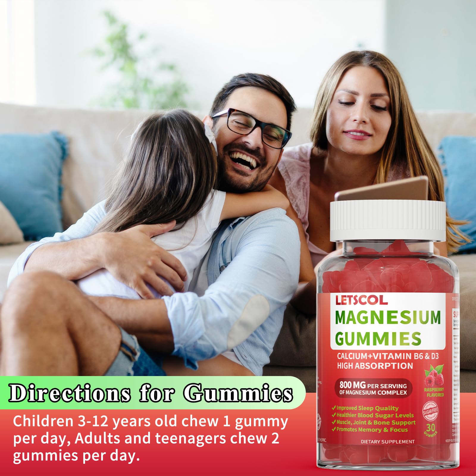 LETSCOL Magnesium Glycinate Gummies 800mg Per Serving, Sugar Free Magnesium Supplement with Magnesium Malate, Calcium, Vitamin D3, B6, CoQ10 for Calm Support & Zzz for Adults Kids - TrustMedUSA