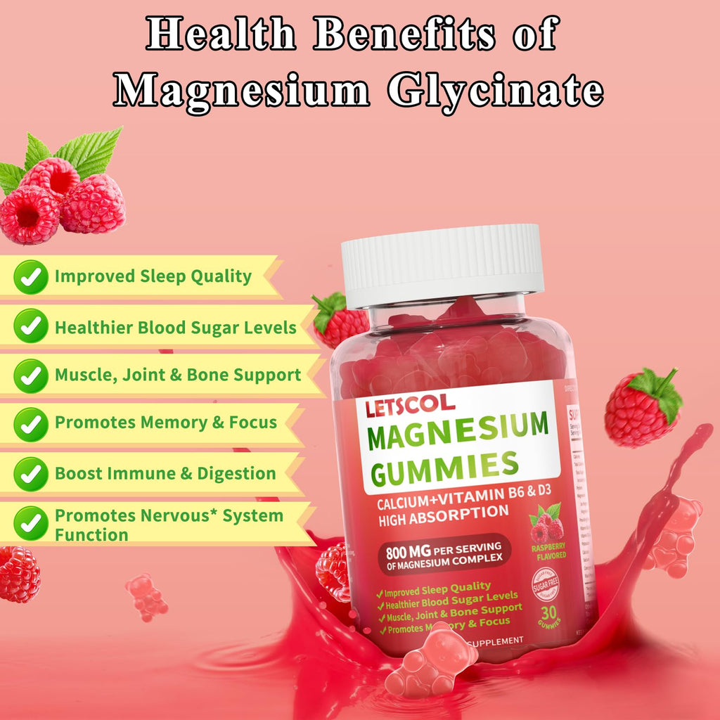 LETSCOL Magnesium Glycinate Gummies 800mg Per Serving, Sugar Free Magnesium Supplement with Magnesium Malate, Calcium, Vitamin D3, B6, CoQ10 for Calm Support & Zzz for Adults Kids - TrustMedUSA