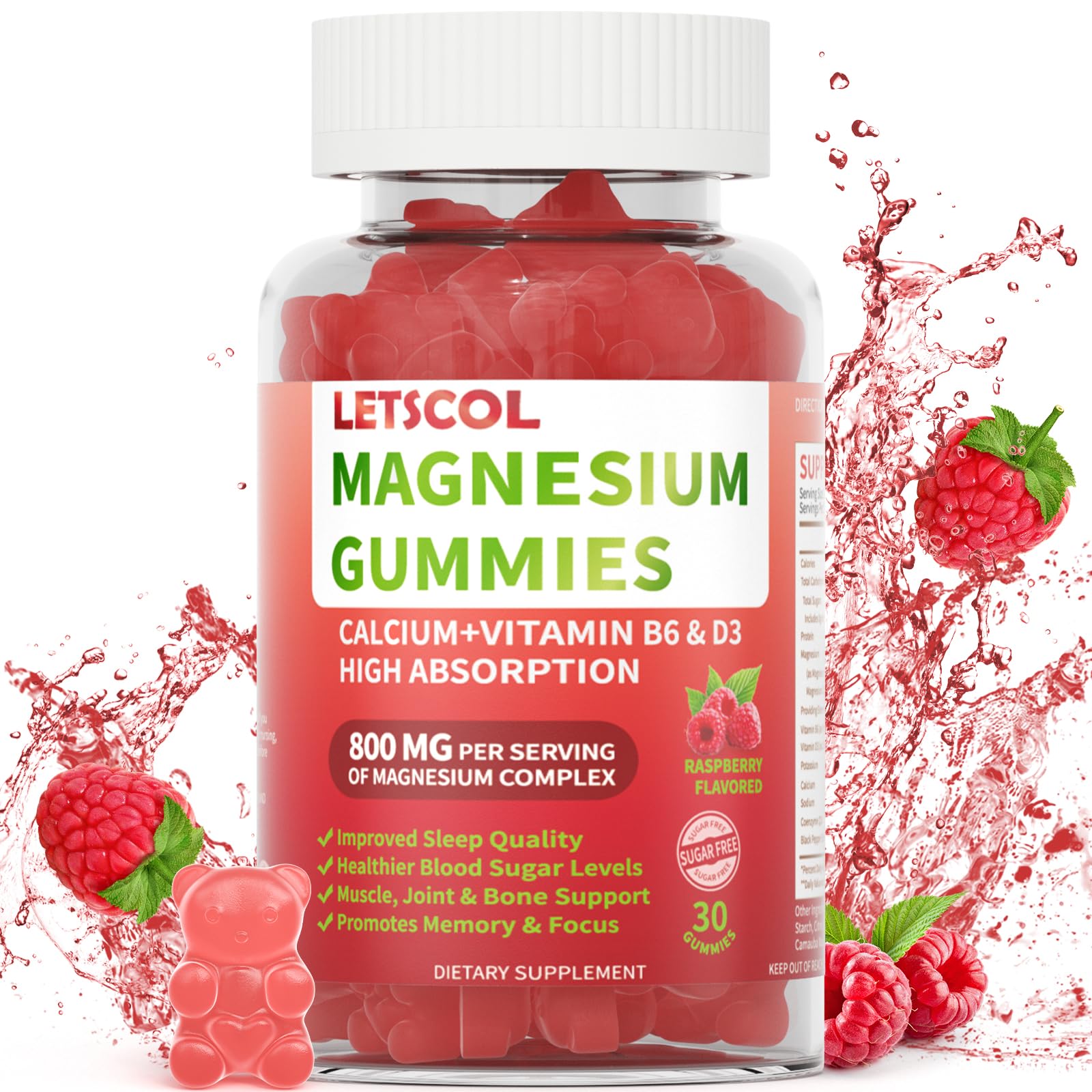 LETSCOL Magnesium Glycinate Gummies 800mg Per Serving, Sugar Free Magnesium Supplement with Magnesium Malate, Calcium, Vitamin D3, B6, CoQ10 for Calm Support & Zzz for Adults Kids - TrustMedUSA