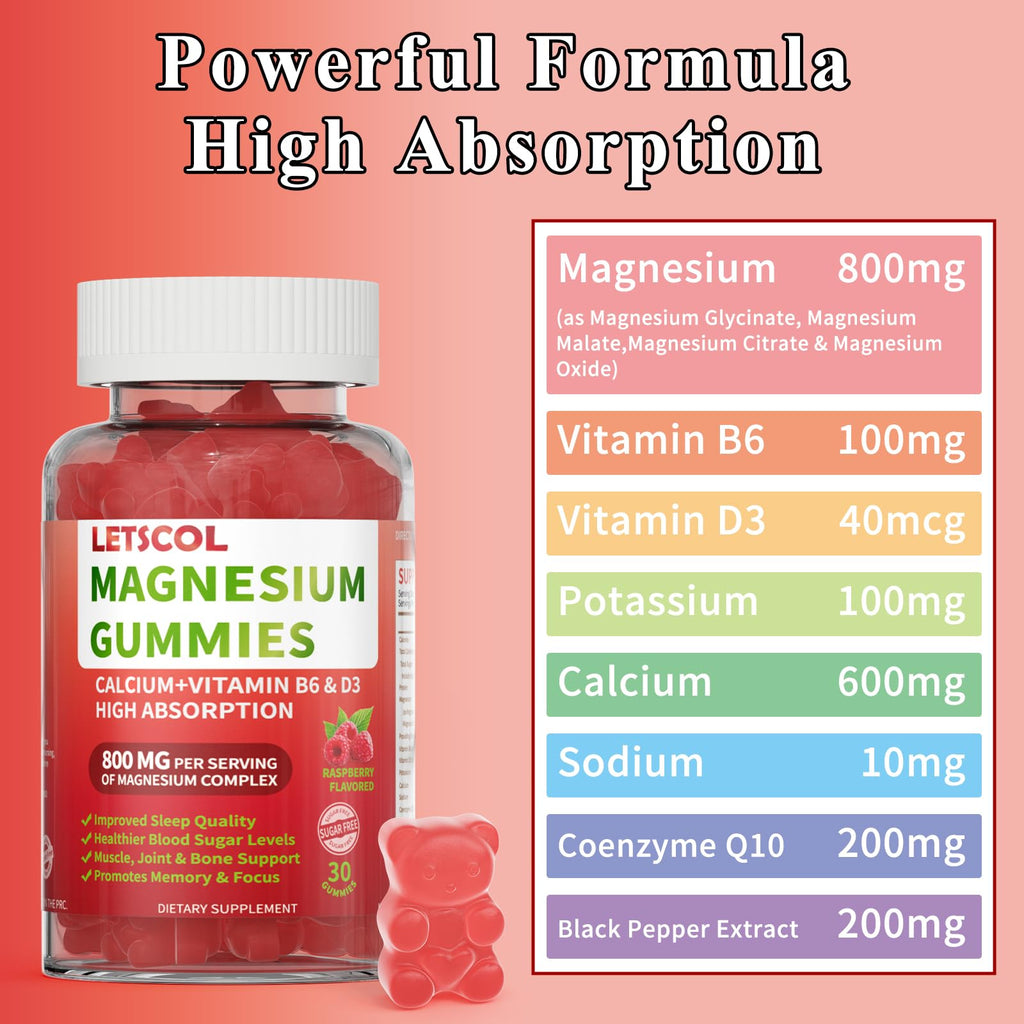 LETSCOL Magnesium Glycinate Gummies 800mg Per Serving, Sugar Free Magnesium Supplement with Magnesium Malate, Calcium, Vitamin D3, B6, CoQ10 for Calm Support & Zzz for Adults Kids - TrustMedUSA