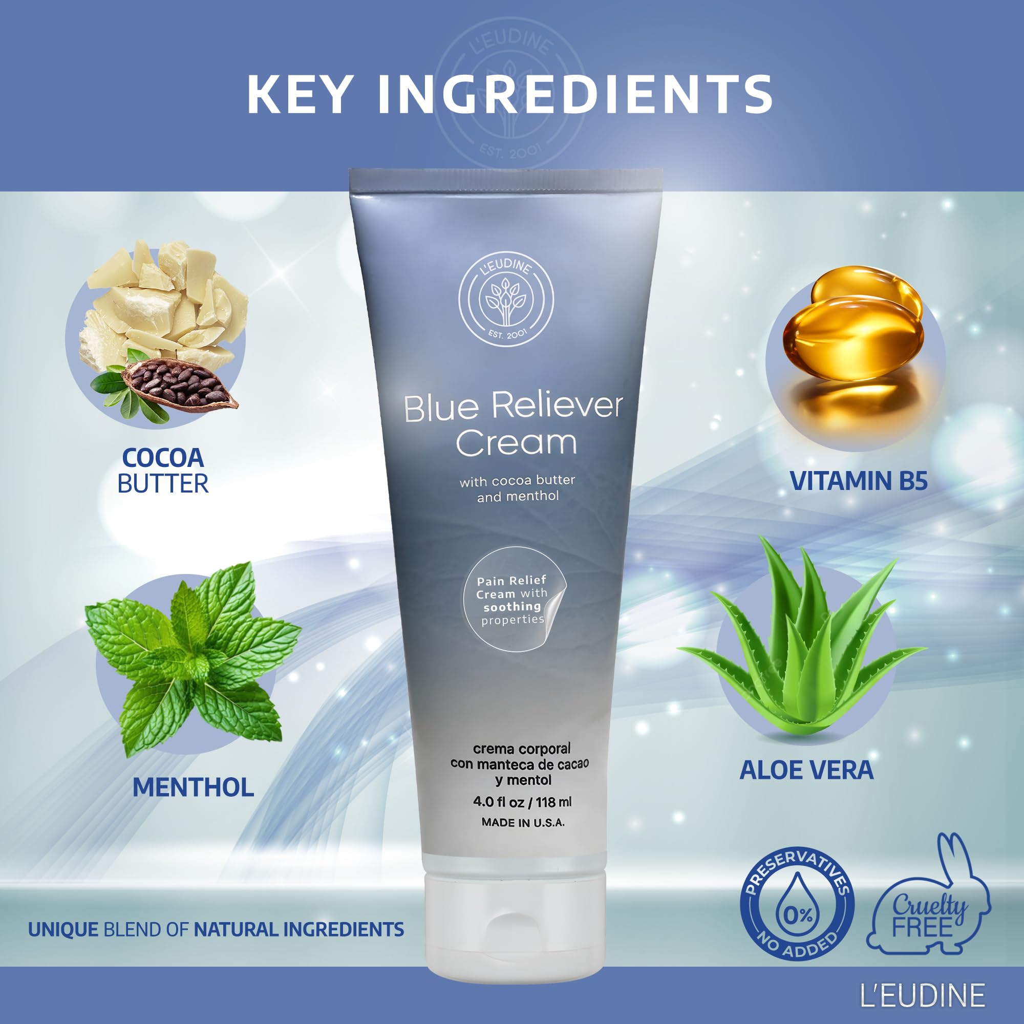 L'EUDINE Blue Reliever Cream – Joint and Muscle Therapy, Body Cream with Cocoa Butter and Menthol - TrustMedUSA