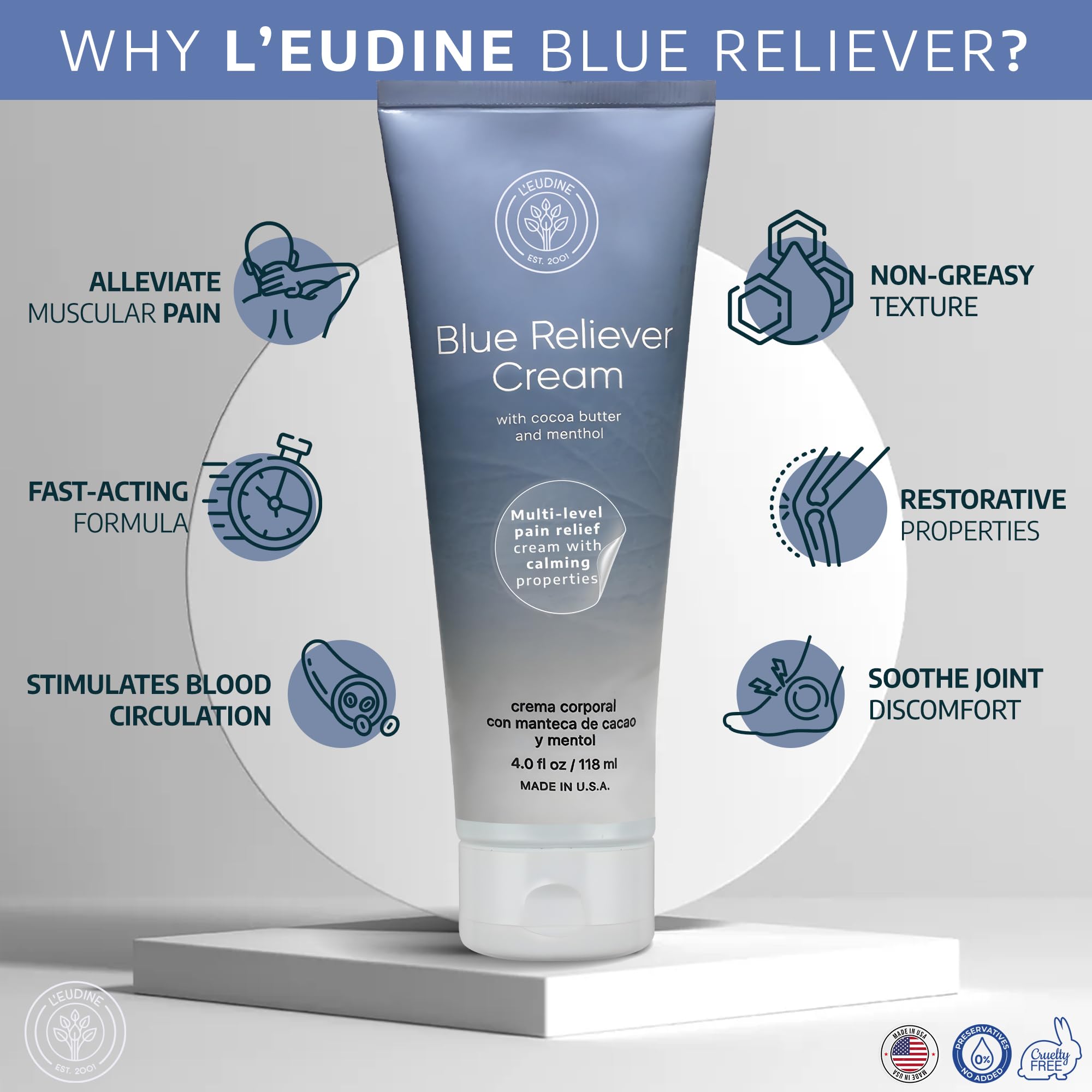 L'EUDINE Blue Reliever Cream – Joint and Muscle Therapy, Body Cream with Cocoa Butter and Menthol - TrustMedUSA