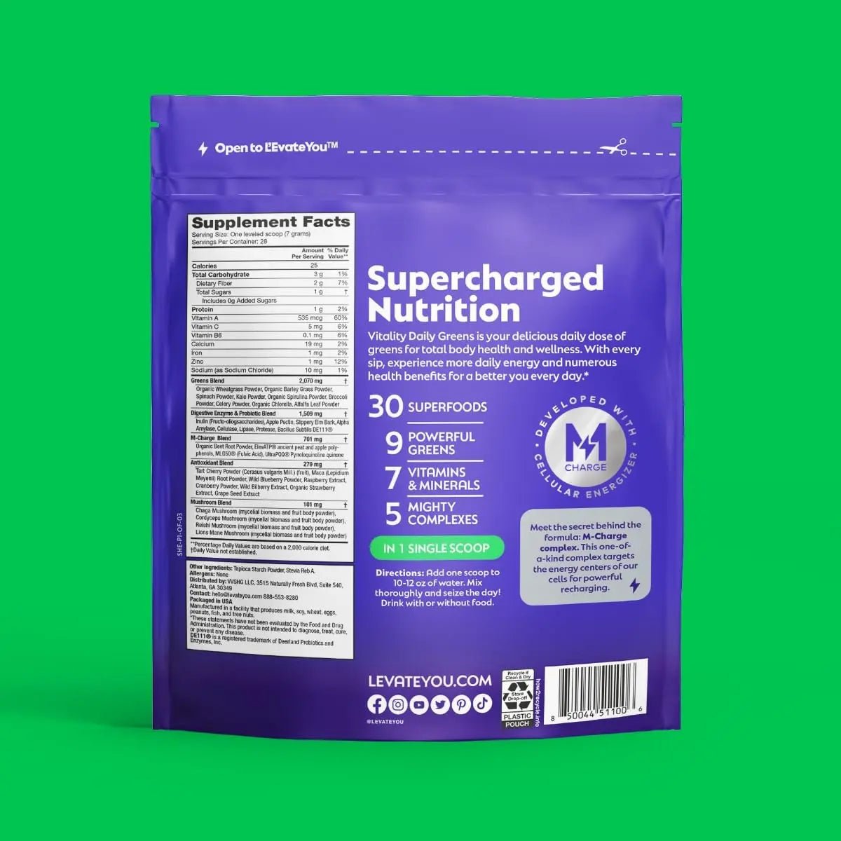 L'Evate You Vitality Daily Greens Powder (28 Servings) 30 Superfoods, 9 Greens - for a Cellular Energy Boost, Powered by M-Charge Complex for All Day Energy (Original) - TrustMedUSA