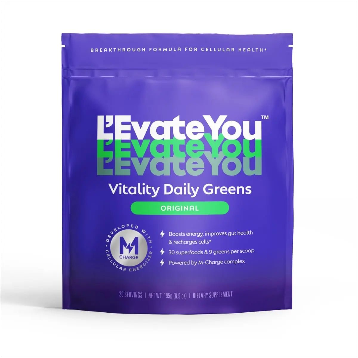 L'Evate You Vitality Daily Greens Powder (28 Servings) 30 Superfoods, 9 Greens - for a Cellular Energy Boost, Powered by M-Charge Complex for All Day Energy (Original) - TrustMedUSA