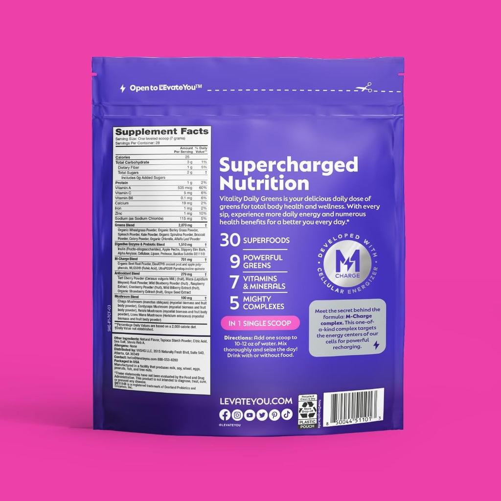 L'Evate You Vitality Daily Greens Powder (28 Servings) 30 Superfoods, 9 Greens - for a Cellular Energy Boost, Powered by M-Charge Complex for All Day Energy (Tart Cherry) - TrustMedUSA
