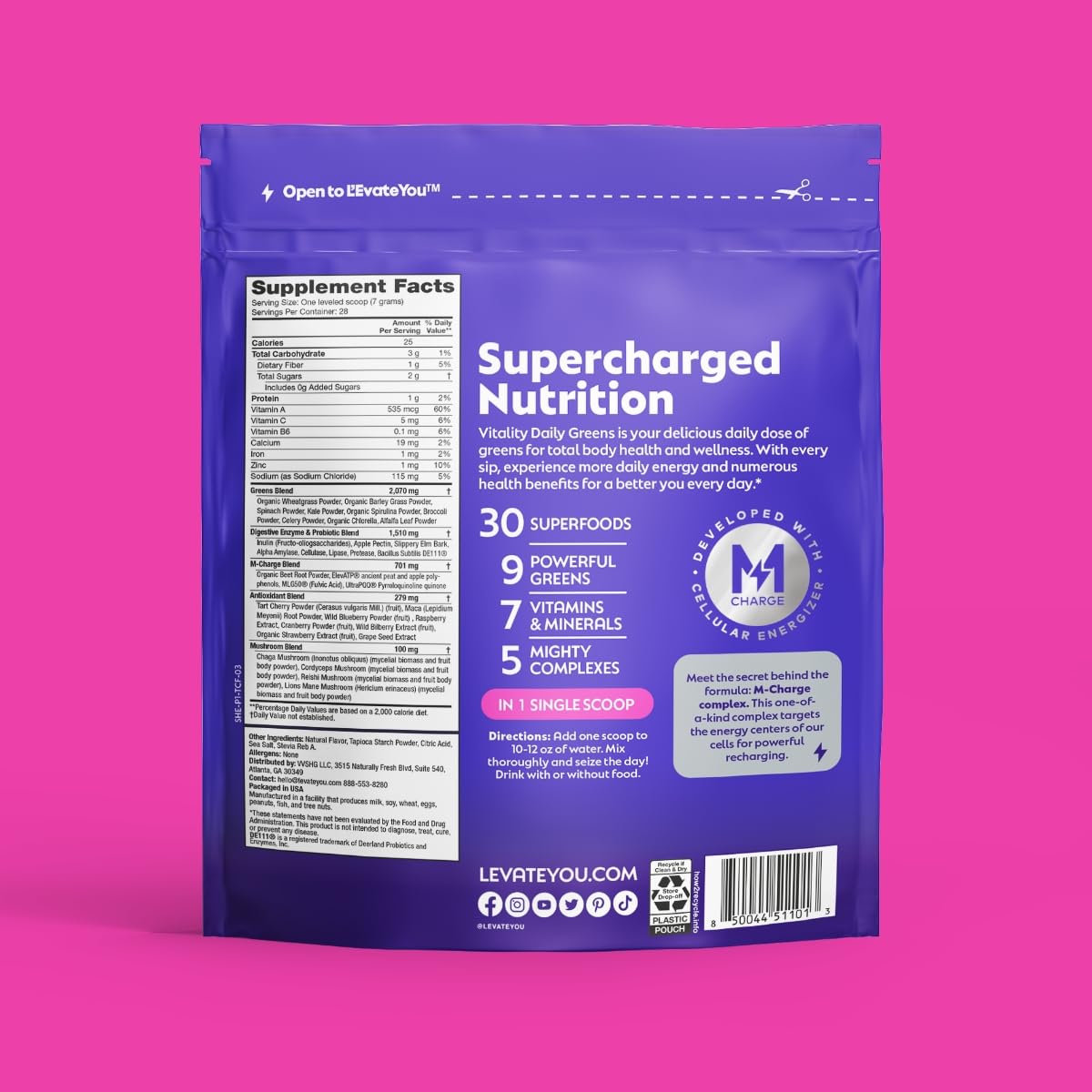 L'Evate You Vitality Daily Greens Powder (28 Servings) 30 Superfoods, 9 Greens - for a Cellular Energy Boost, Powered by M-Charge Complex for All Day Energy (Tart Cherry) - TrustMedUSA