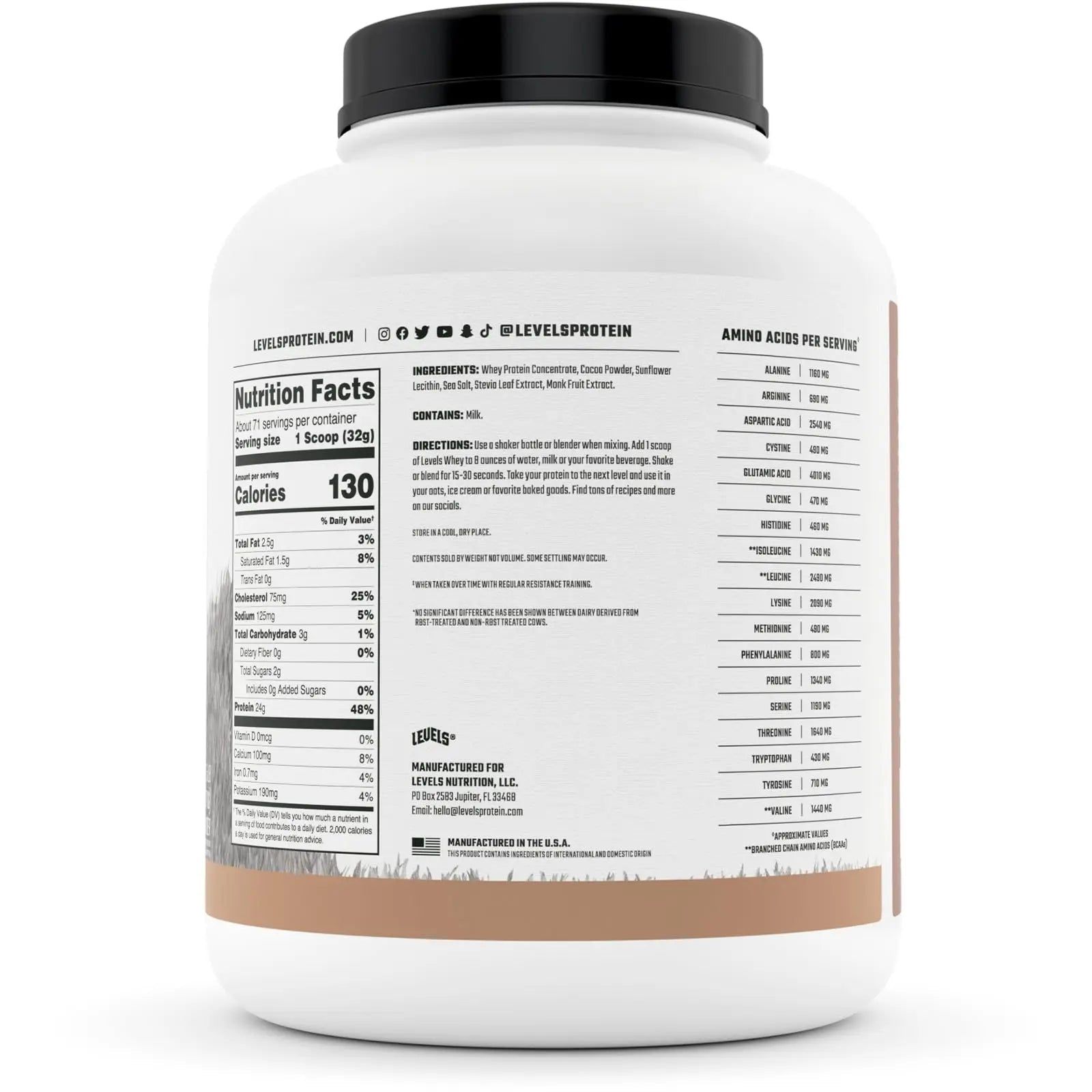 Levels Grass Fed 100% Whey Protein, No Hormones, Pure Chocolate, 5LB - TrustMedUSA