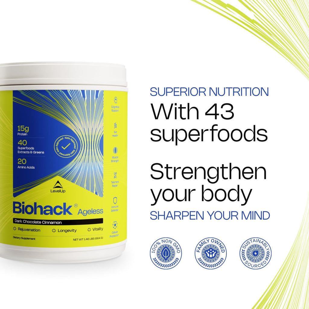 LevelUp Biohack Ageless: Colostrum Collagen Superfoods Antioxidants Spermidine Amino Acids Creatine for Women and Men, Total Body Rejuvenation (Dark Chocolate Cinnamon) - TrustMedUSA