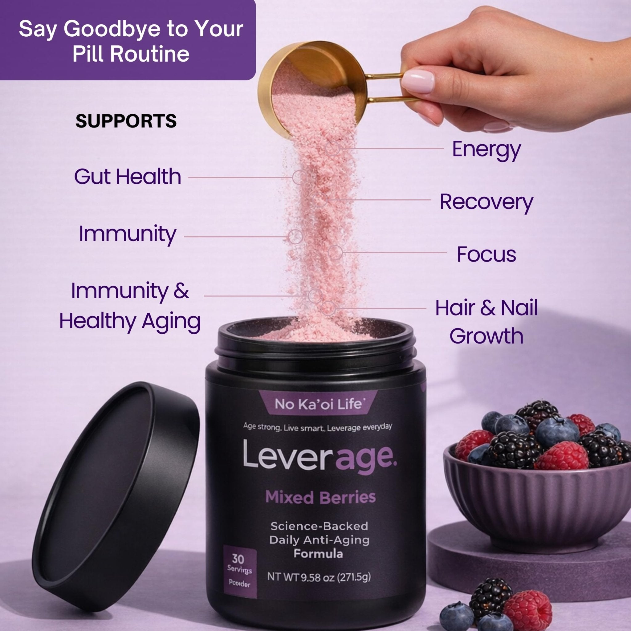 Leverage Mixed Berries Anti–Aging Supplement & Longevity Mix - Daily Wellness Multivitamin Powder with Hyaluronic Acid, L-Glycine & Magnesium for Skin, Energy, Cognitive Function & Joint–30 Servings - TrustMedUSA