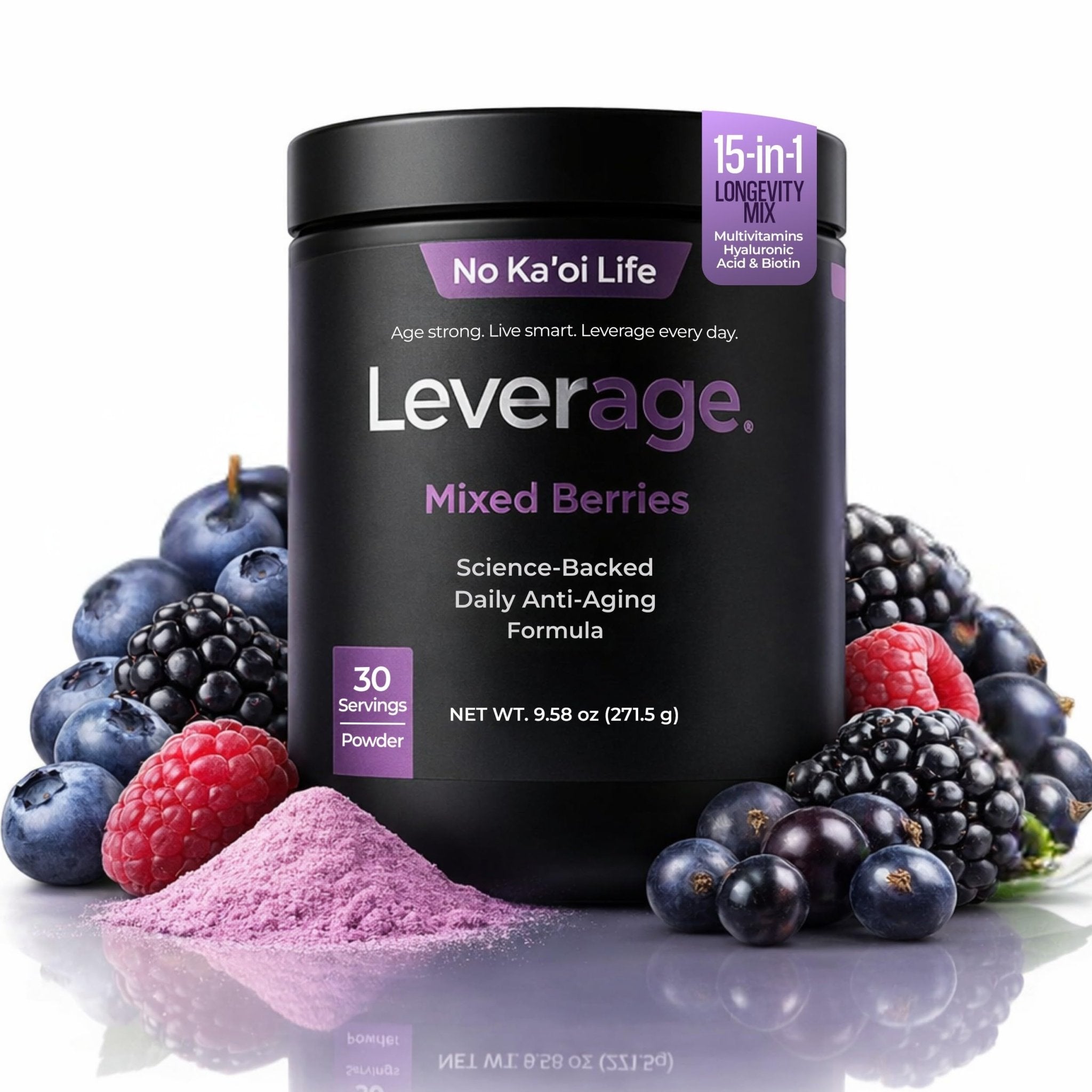 Leverage Mixed Berries Anti–Aging Supplement & Longevity Mix - Daily Wellness Multivitamin Powder with Hyaluronic Acid, L-Glycine & Magnesium for Skin, Energy, Cognitive Function & Joint–30 Servings - TrustMedUSA
