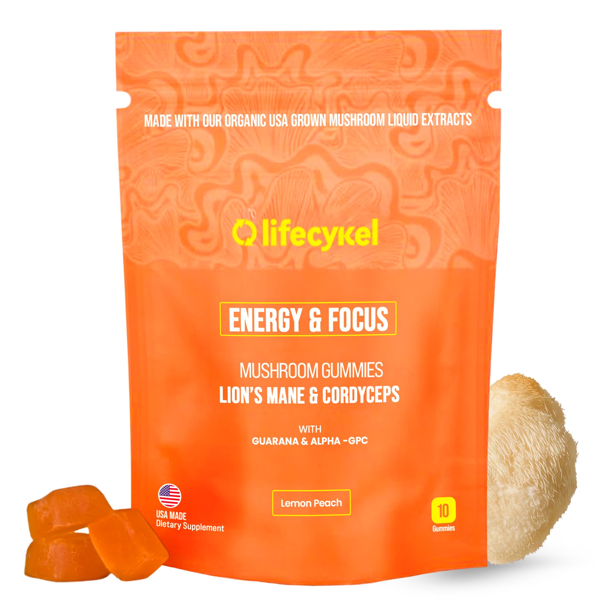 Life Cykel - AM Energy and Focus Mushroom Gummies, 10 Count - Organic Lion's Mane Gummies with Cordyceps, Guarana & Alpha GPC for Mental Clarity, Natural Energy, Endurance & Focus - Lemon Peach Flavor - TrustMedUSA