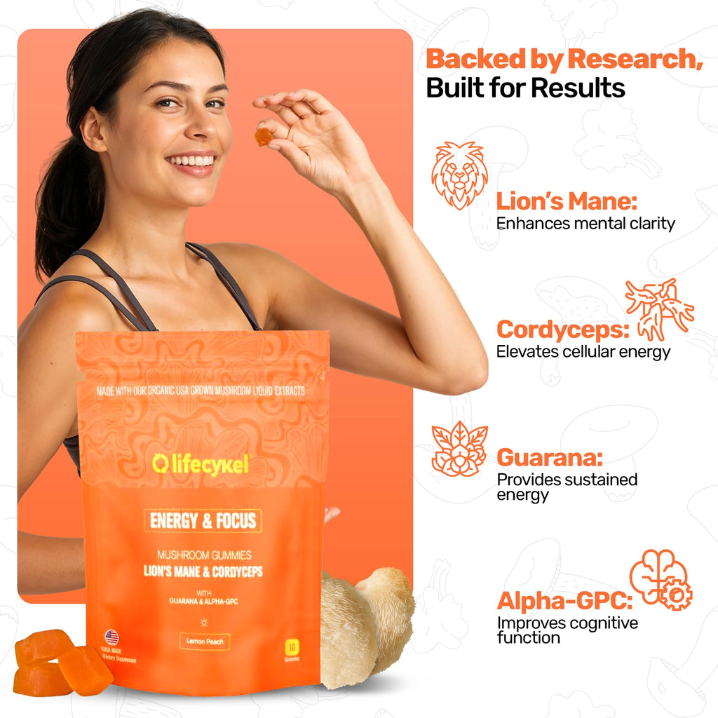 Life Cykel - AM Energy and Focus Mushroom Gummies, 10 Count - Organic Lion's Mane Gummies with Cordyceps, Guarana & Alpha GPC for Mental Clarity, Natural Energy, Endurance & Focus - Lemon Peach Flavor - TrustMedUSA