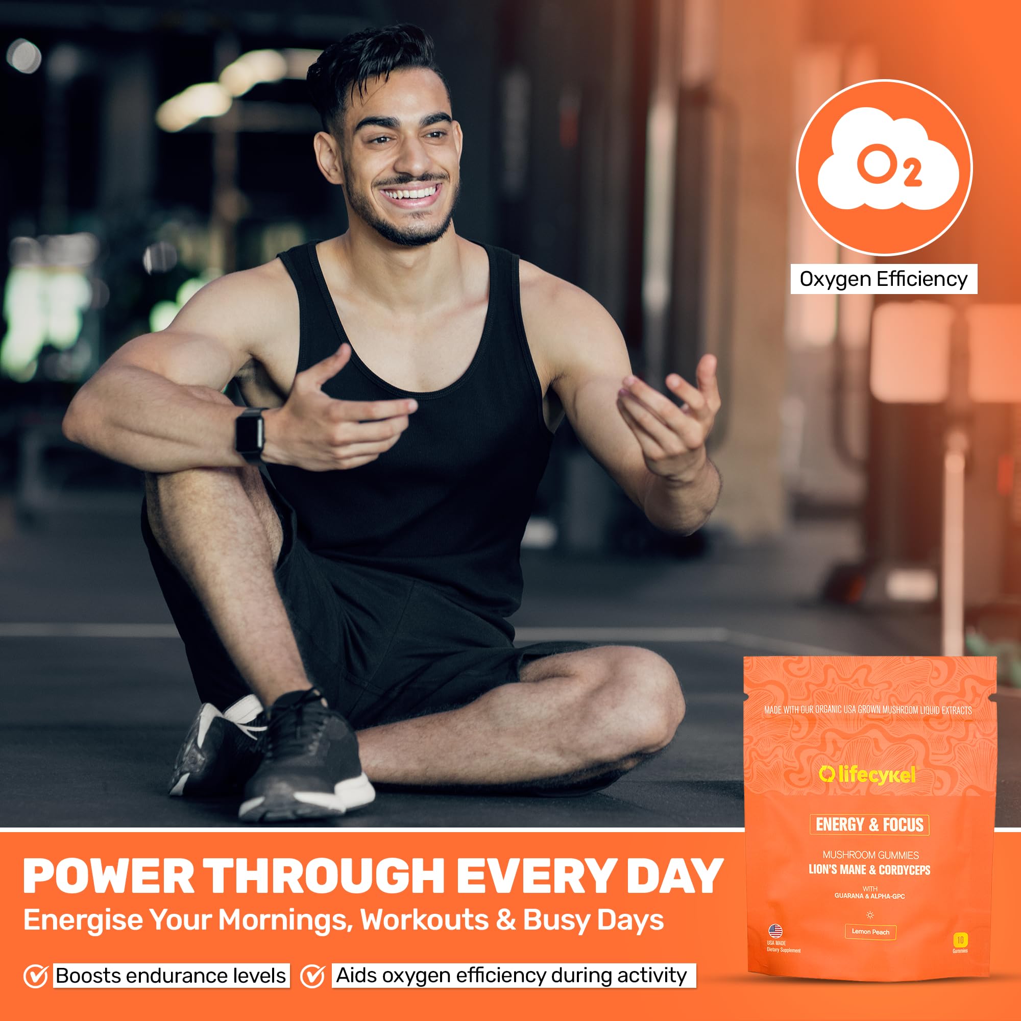 Life Cykel - AM Energy and Focus Mushroom Gummies, 10 Count - Organic Lion's Mane Gummies with Cordyceps, Guarana & Alpha GPC for Mental Clarity, Natural Energy, Endurance & Focus - Lemon Peach Flavor - TrustMedUSA